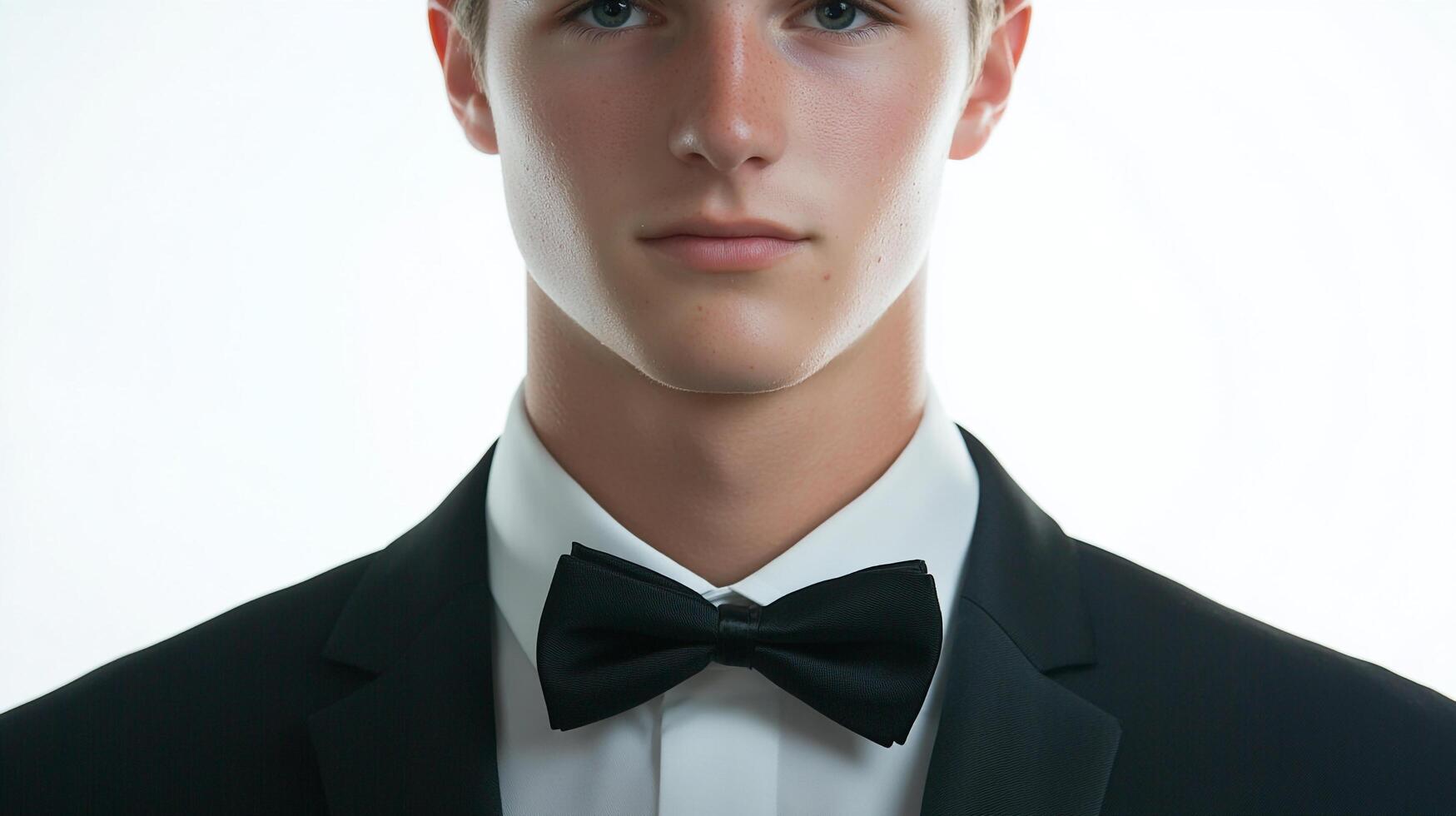Portrait of an attractive young man wearing a bow tie and suit jacket against a stark white background. Formal attire for a special occasion. photo