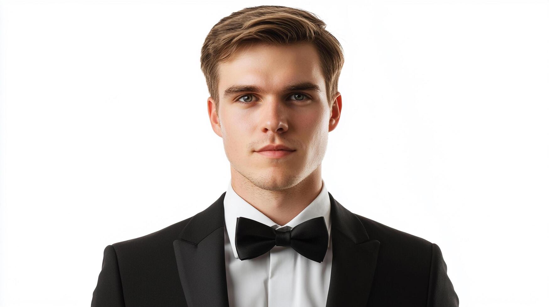 Portrait of a young man wearing a formal black suit with a bow tie, shot against a pure white background, creating a classic elegant look. photo