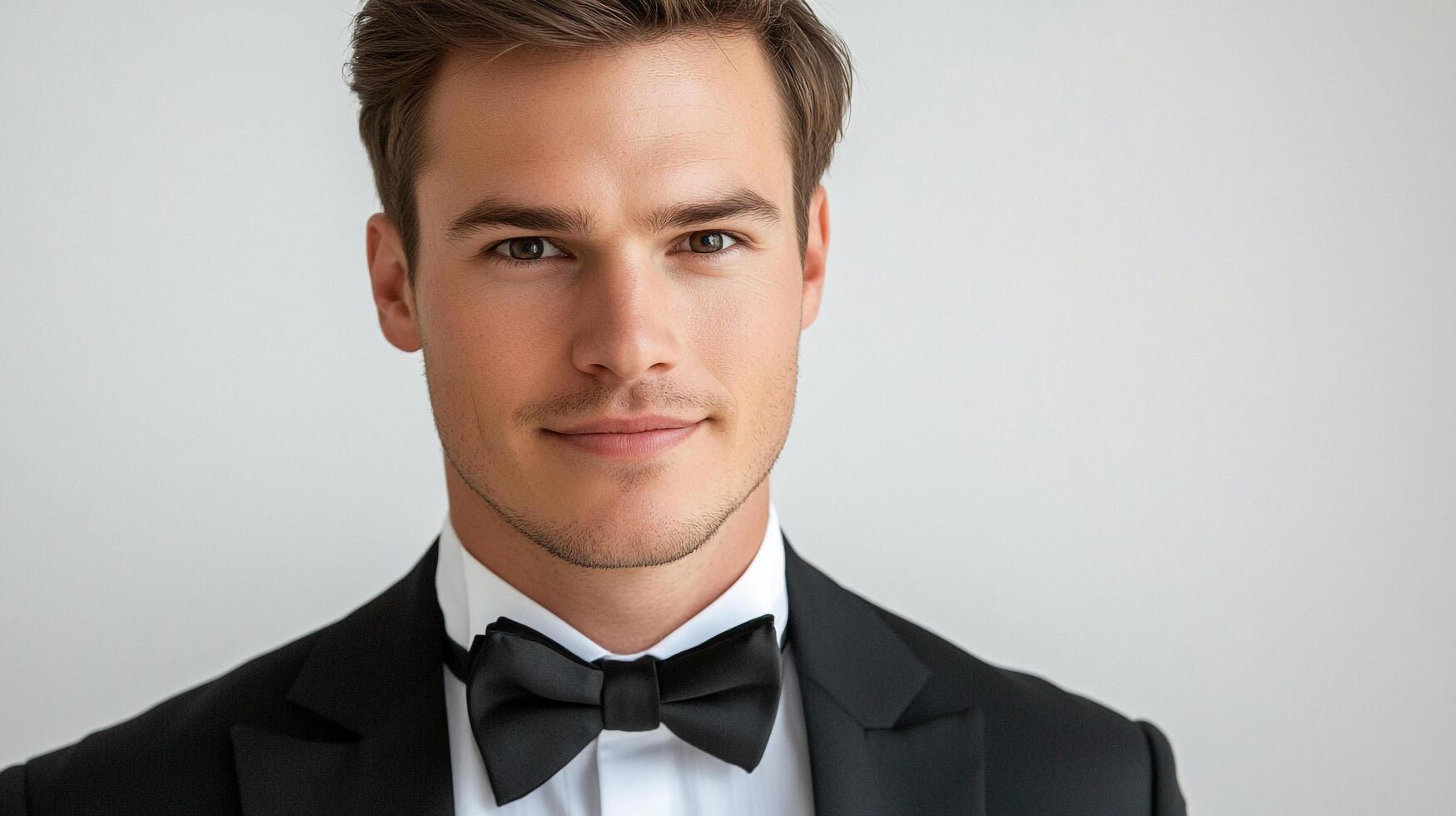 Dapper man in classic black bow tie and tuxedo for a formal occasion, looking elegant and composed. Confident pose against neutral backdrop. photo