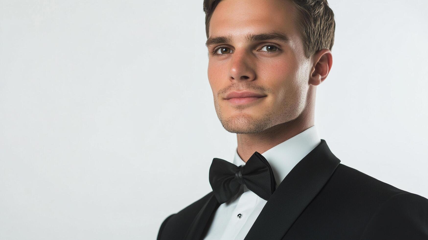 Portrait of a sophisticated man in a classic black tuxedo with a bow tie, against a bright white backdrop, exudes timeless elegance. photo