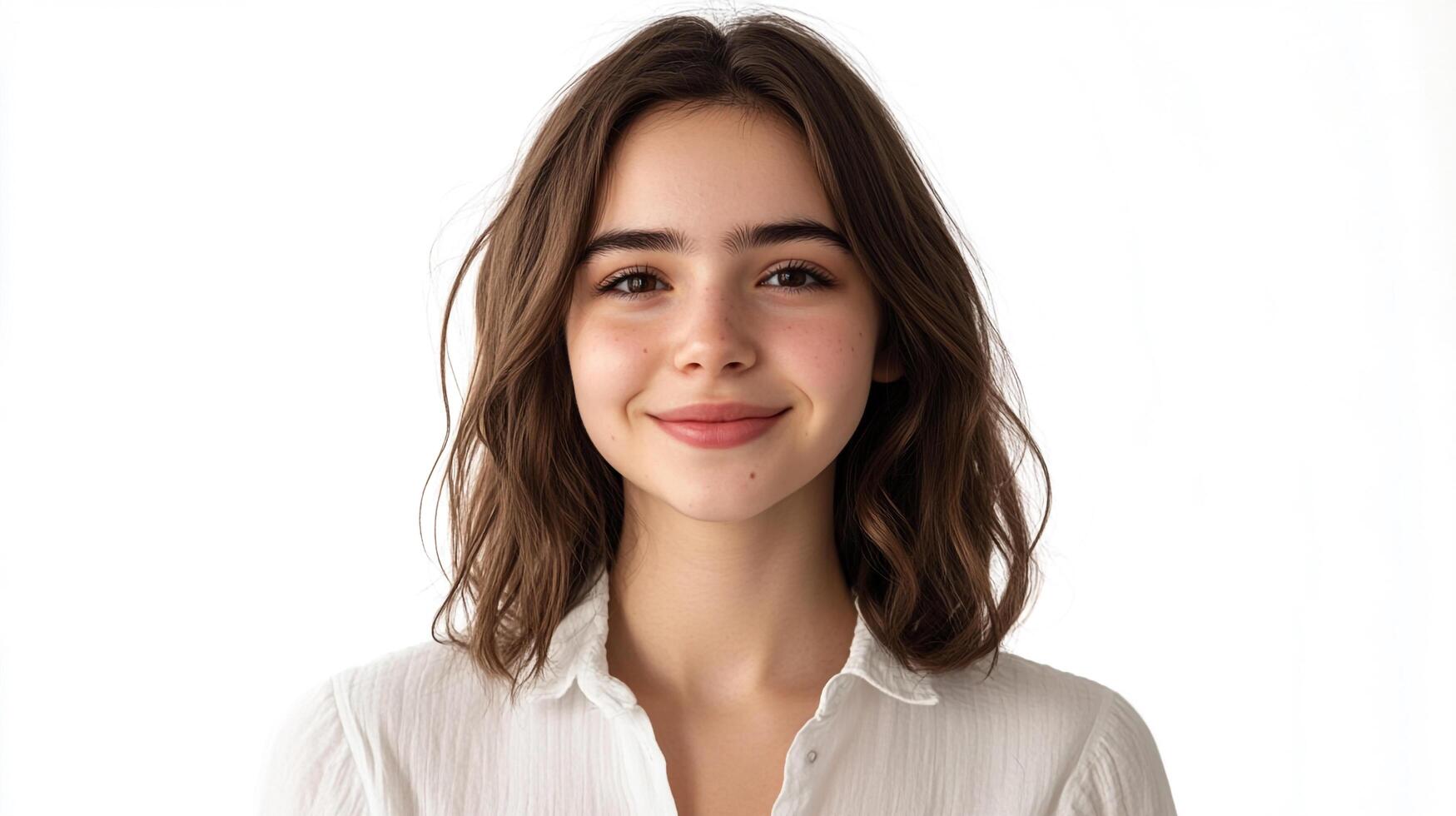 Portrait of a smiling young woman with shoulder-length wavy hair wearing a white shirt against a white background. photo