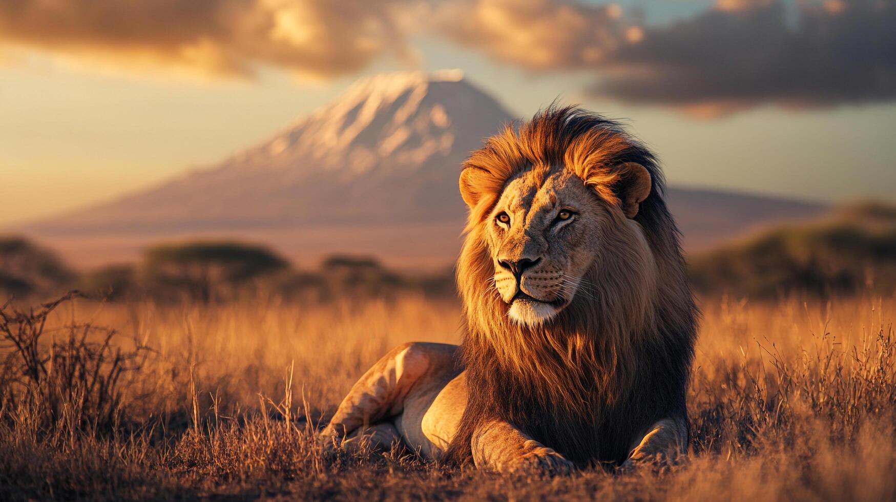 Majestic lion resting in the golden savanna with a towering mountain backdrop, bathed in the warm light of the setting sun. photo