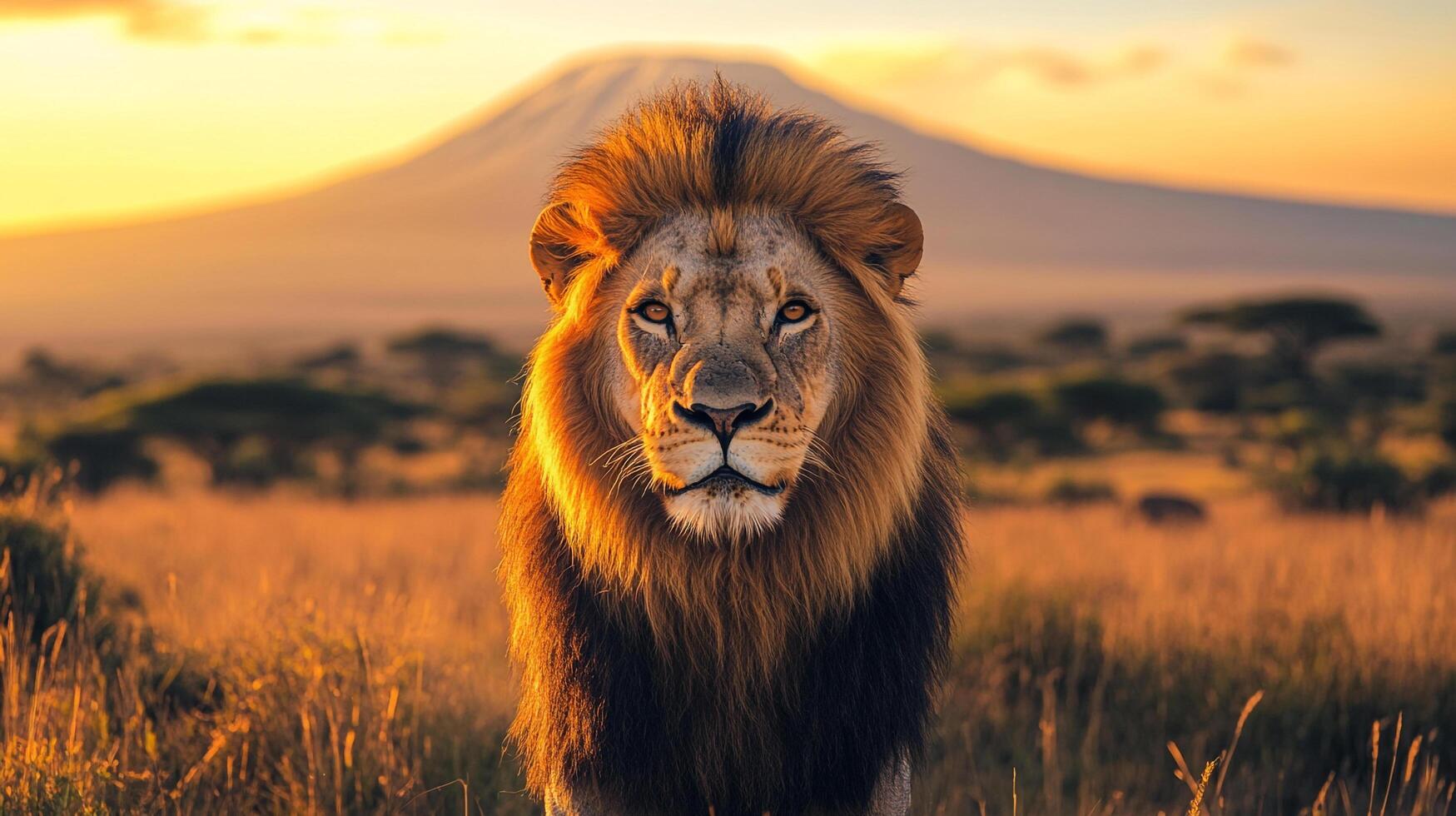 Majestic lion gazes at the camera with a mountain backdrop, bathed in golden light during the African sunset, capturing its beauty. photo