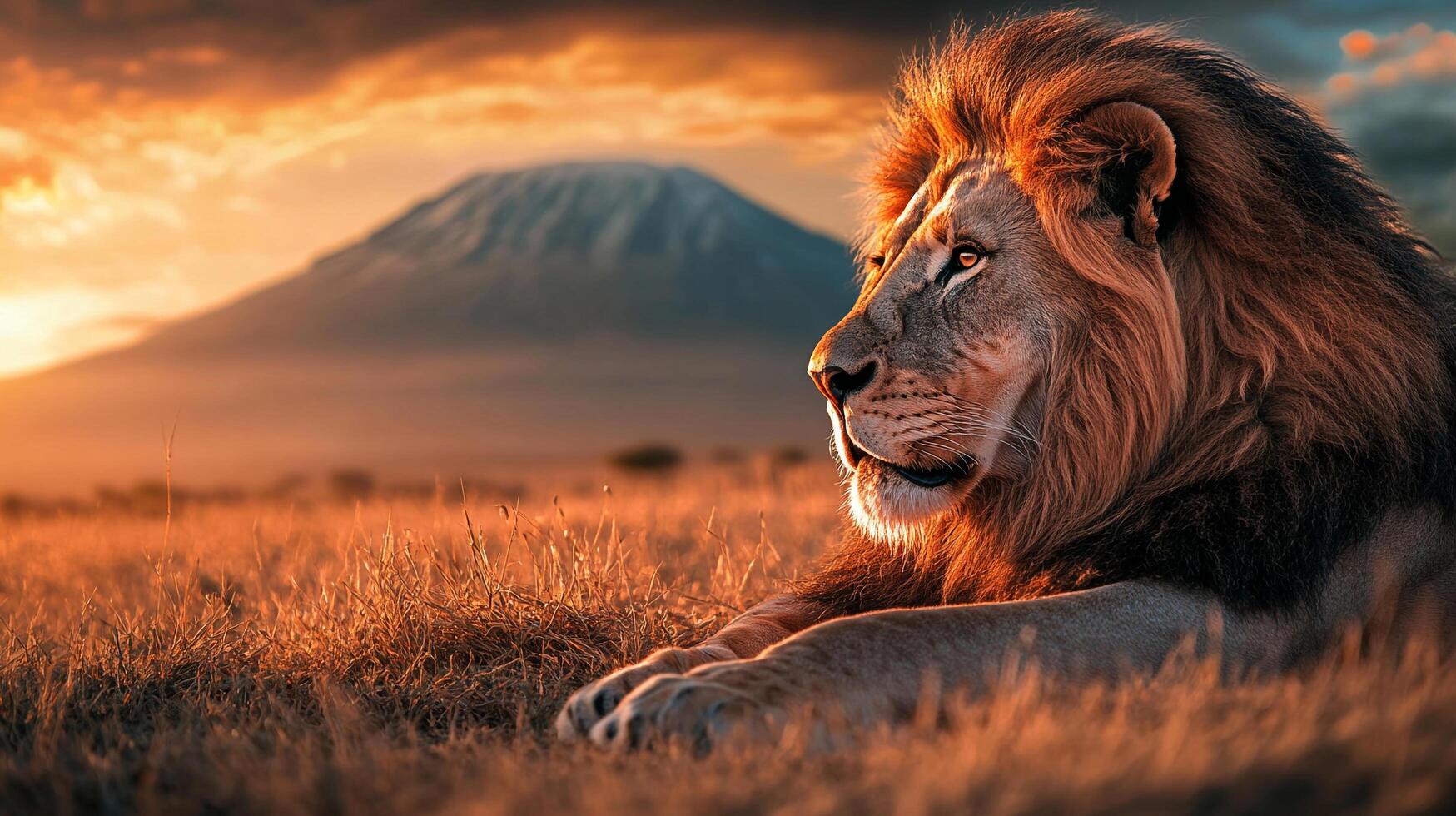 Majestic lion resting in the grassland with a mountain in the background, captured during a beautiful golden hour sunset. photo