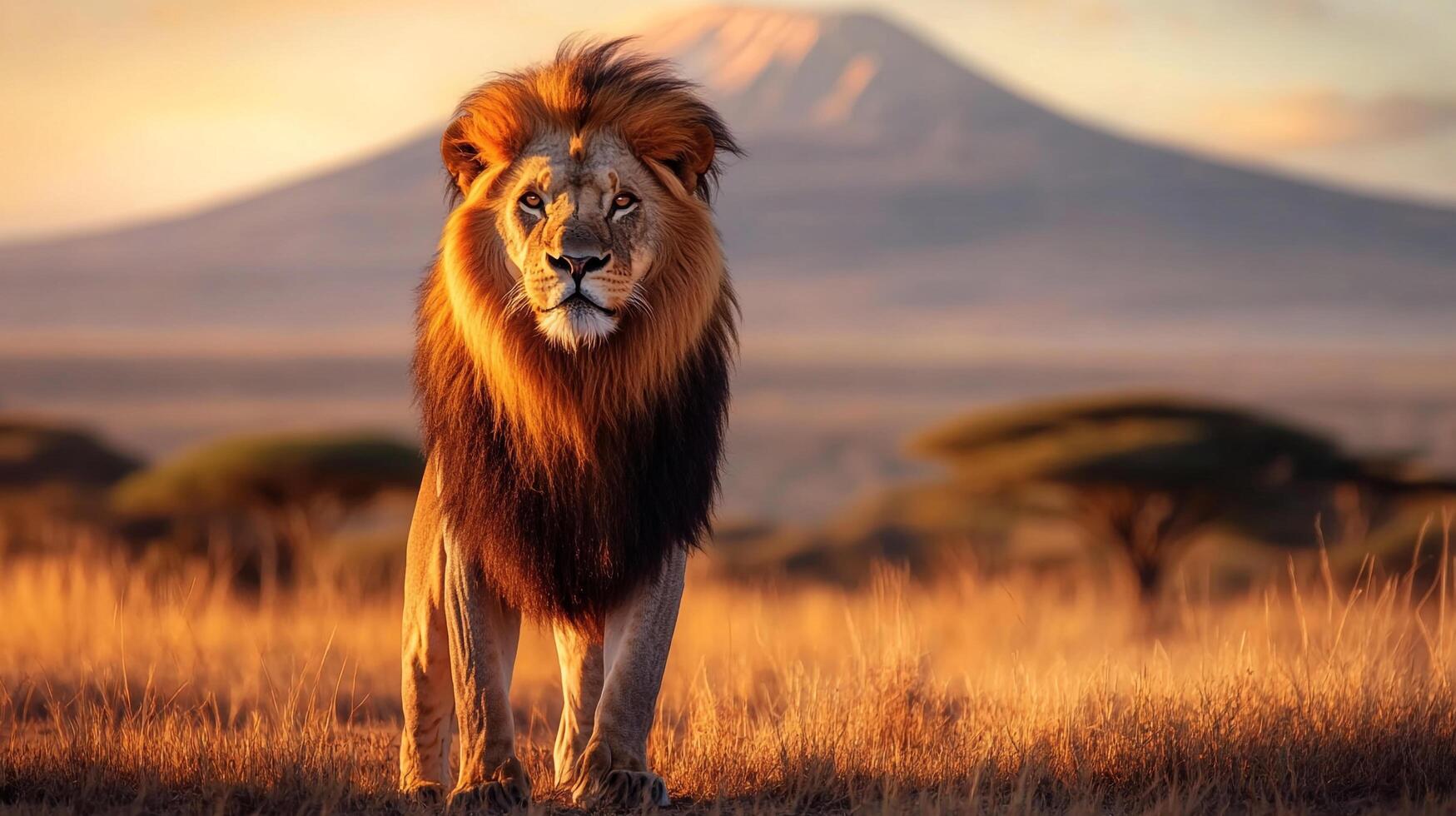 Majestic lion poses in African savanna against stunning mountain backdrop. A powerful and serene king of the jungle in natural habitat. photo