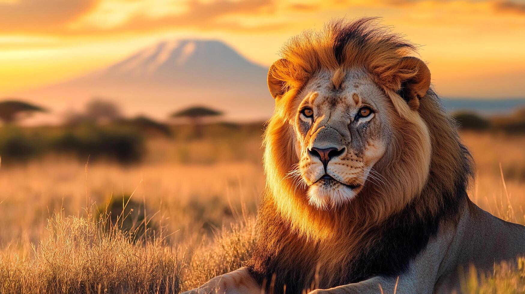 Majestic lion surveys his savanna domain against a backdrop of golden light and distant mountains. photo