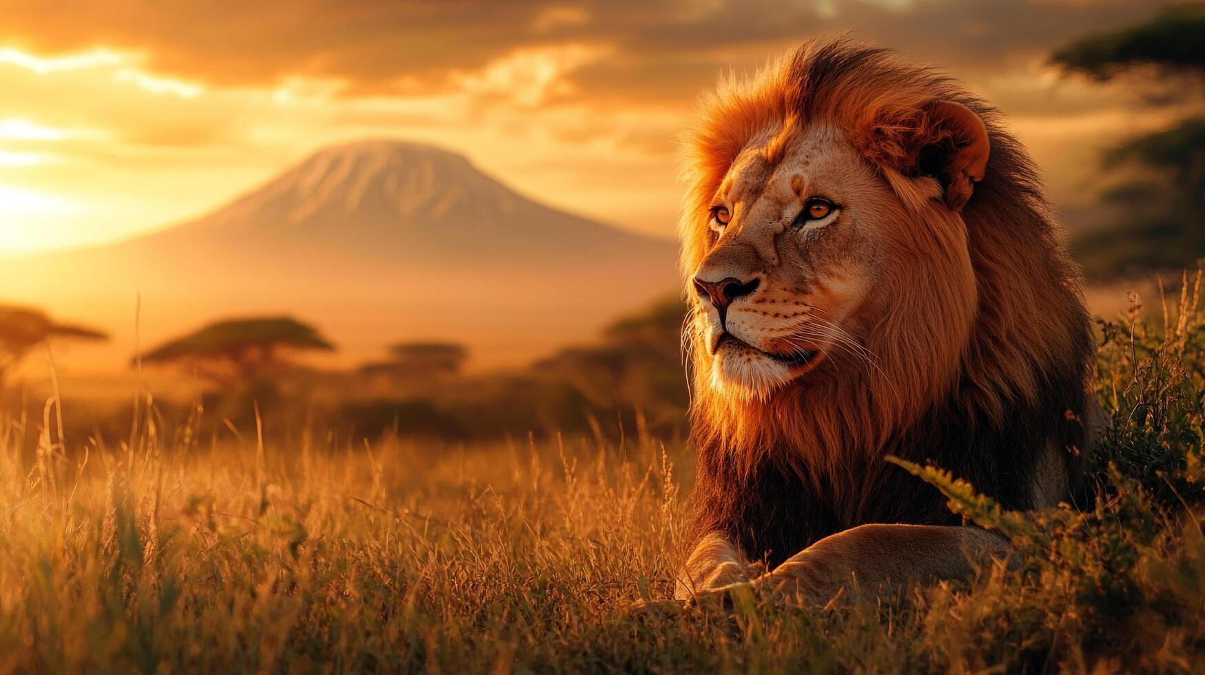 A majestic lion gazes over the savanna at sunset, framed by a stunning mountain backdrop. Nature's beauty at its finest. photo