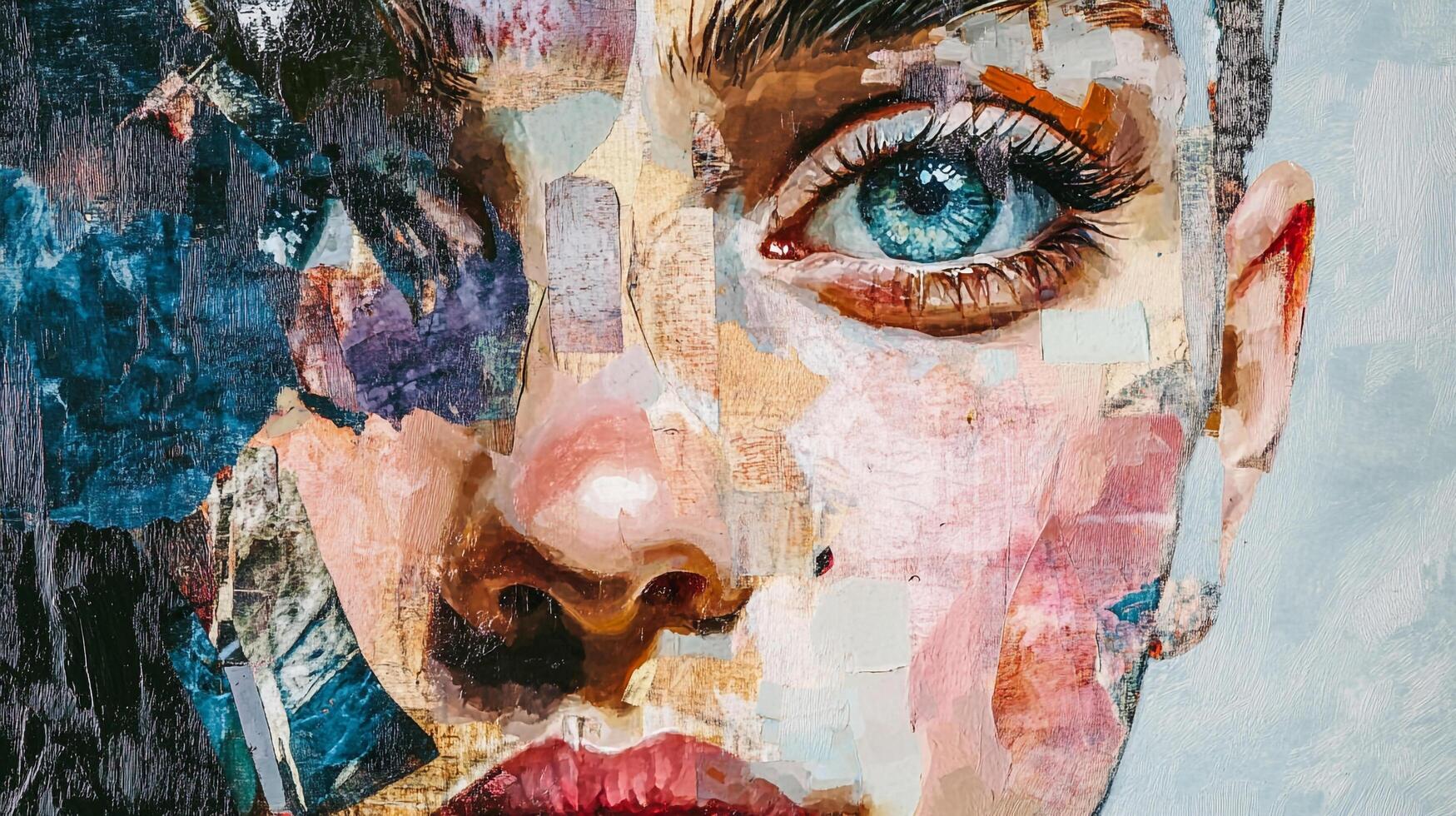 Abstract portrait of a woman, featuring a vibrant color palette and unique collage-style textures, capturing emotion through artistic expression. photo