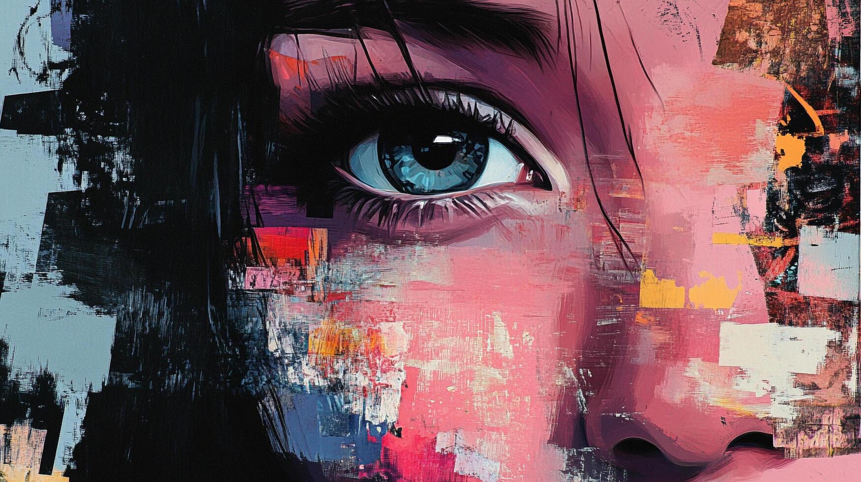 Abstract portrait featuring vibrant colors and expressive brushstrokes, highlighting a striking eye with intense gaze, artistic expression. photo