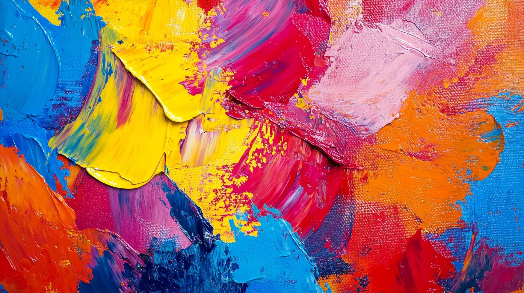 Abstract acrylic painting showcasing vibrant color palette of blue, red, yellow, pink, and orange, creating a textured and dynamic composition. photo