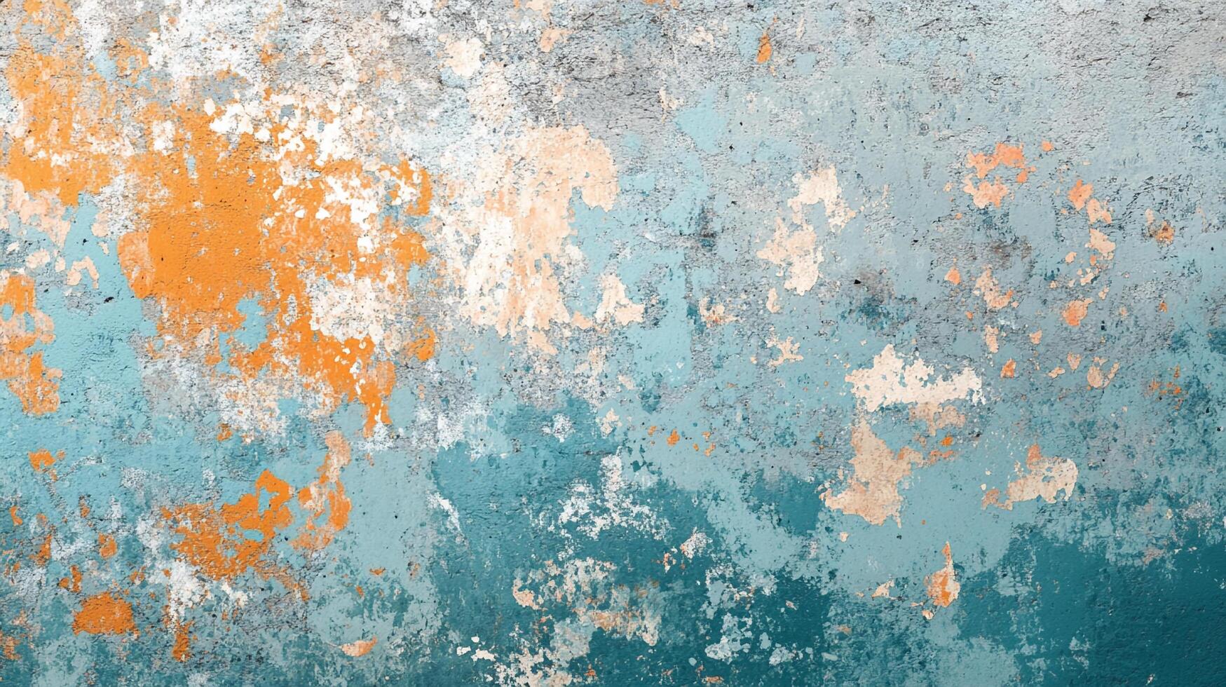 Weathered wall with layers of vibrant turquoise, orange, and white paints, revealing an abstract and textured surface. photo
