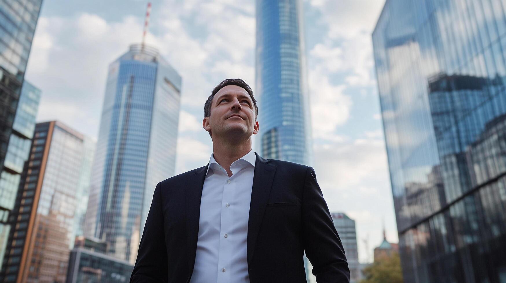 A confident businessman looks up at skyscrapers, symbolizing ambition, vision, and career success in a bustling urban setting. photo