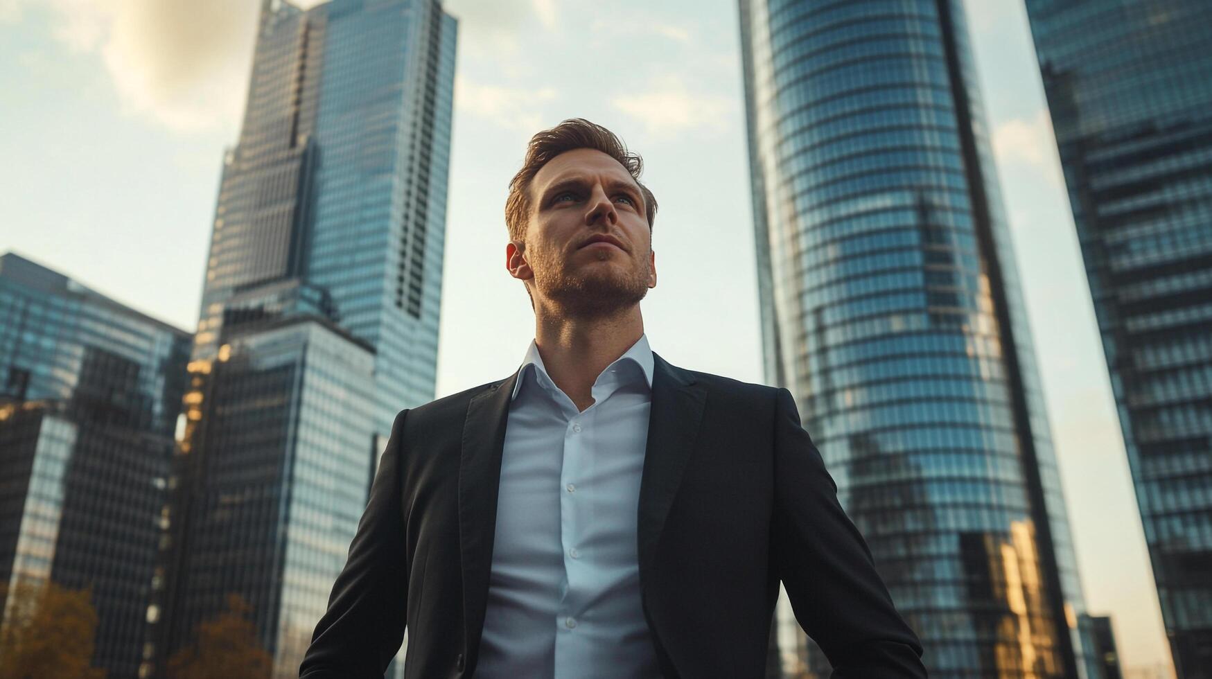 Ambitious businessman gazes upward, surrounded by towering skyscrapers. Success and determination in urban landscape, modern business. photo