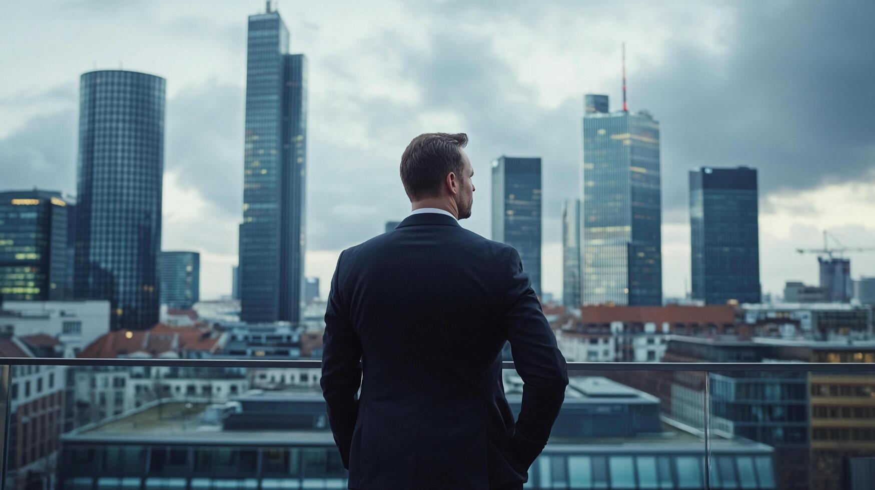 Confident executive overlooks the cityscape from a high-rise balcony, embodying success and vision in a powerful visual statement. photo