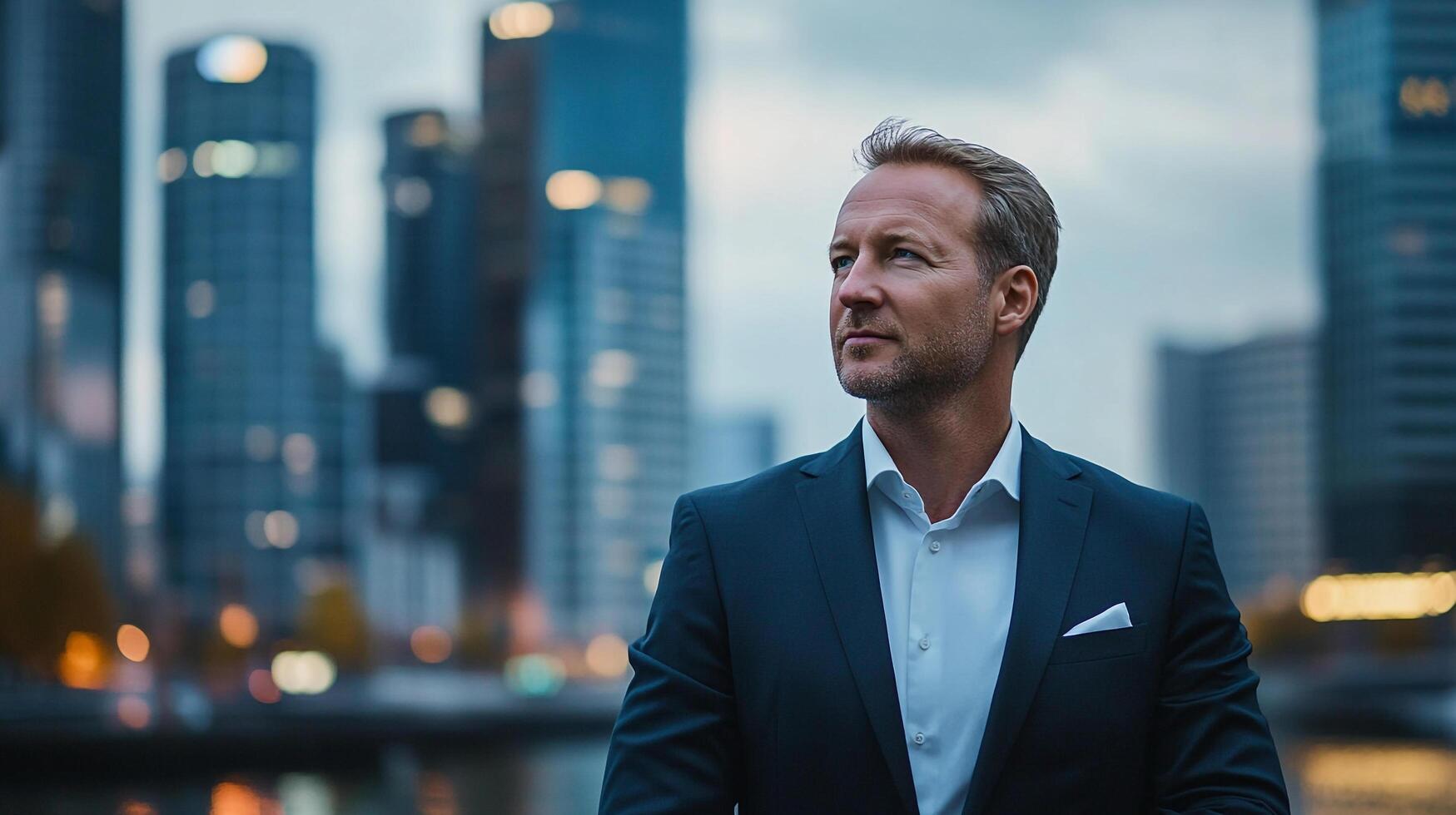 Contemplative executive amidst urban landscape, embodying leadership and success with a forward-looking vision in a vibrant cityscape. photo