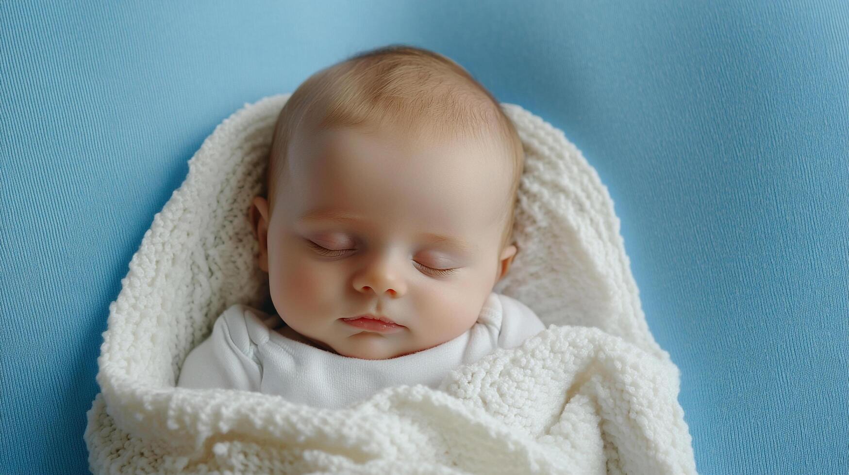 Baby peacefully sleeps wrapped in a warm, knitted blanket, lying against a soft blue backdrop. Serene and adorable moment captured. photo