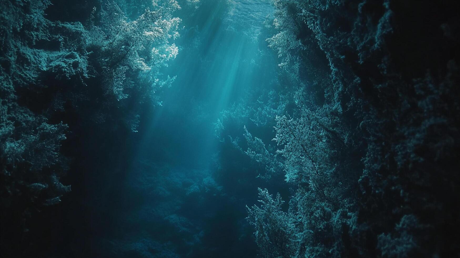 Mystical underwater forest with beams of light filtering through the dark waters, creating an ethereal and enchanting atmosphere. photo