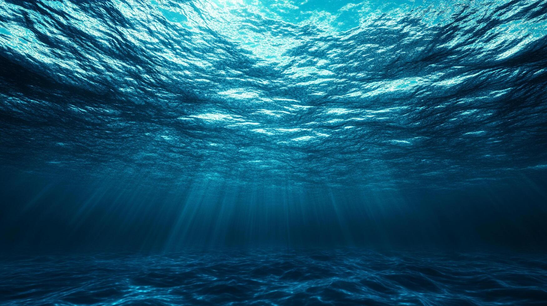 Sunlight filters through the water, illuminating the undulating surface and casting rays onto the sandy sea floor. Underwater world. photo