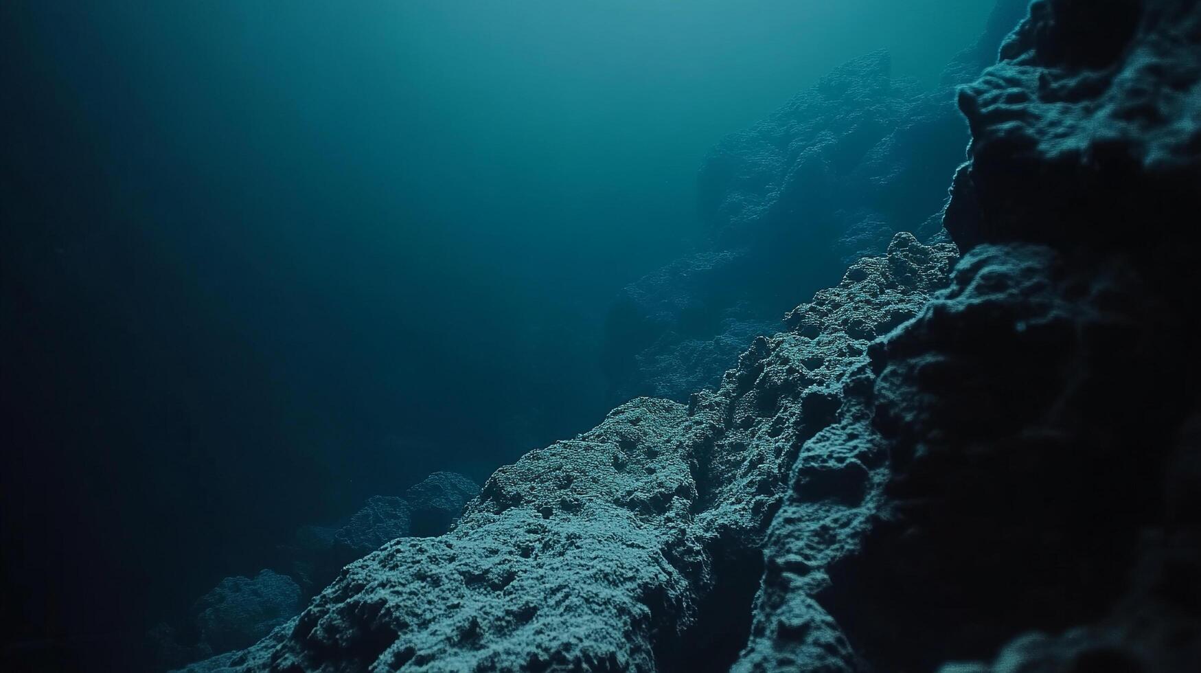Underwater landscape with textured rock formations against a dark blue background. A deep-sea vista showcases submerged rocky terrain. photo