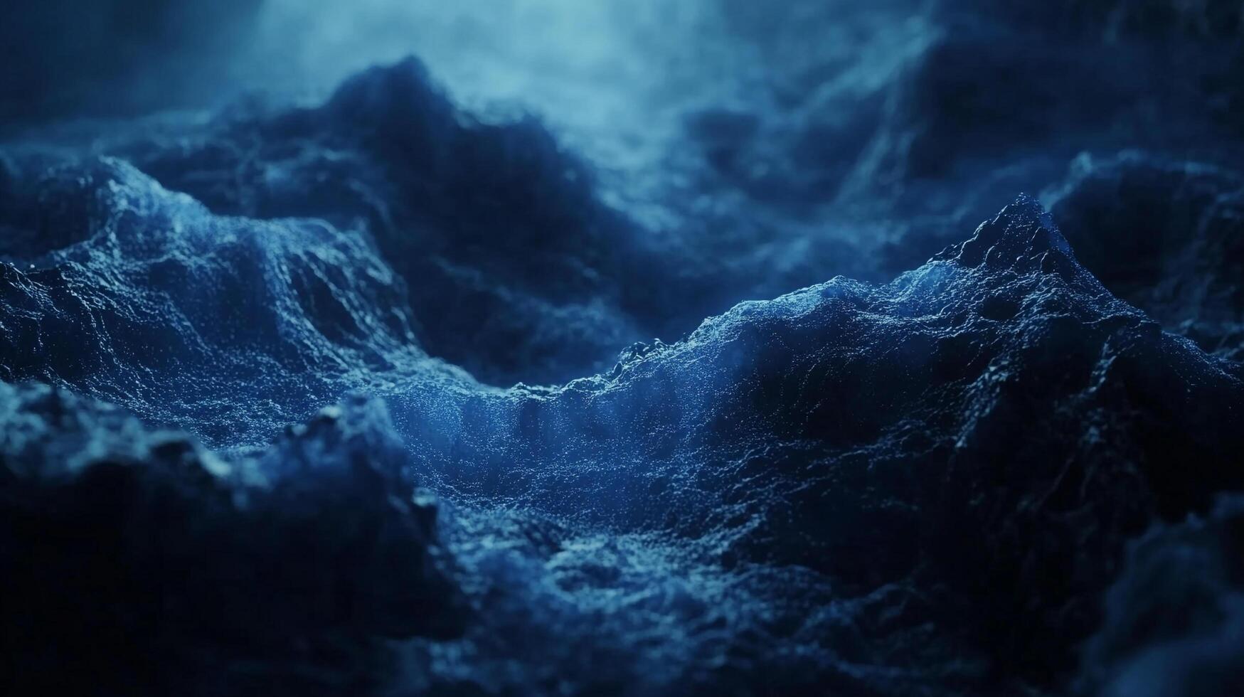Abstract, low angle view of a surface with rough, textured, blue terrain against a blue background and low lighting. photo