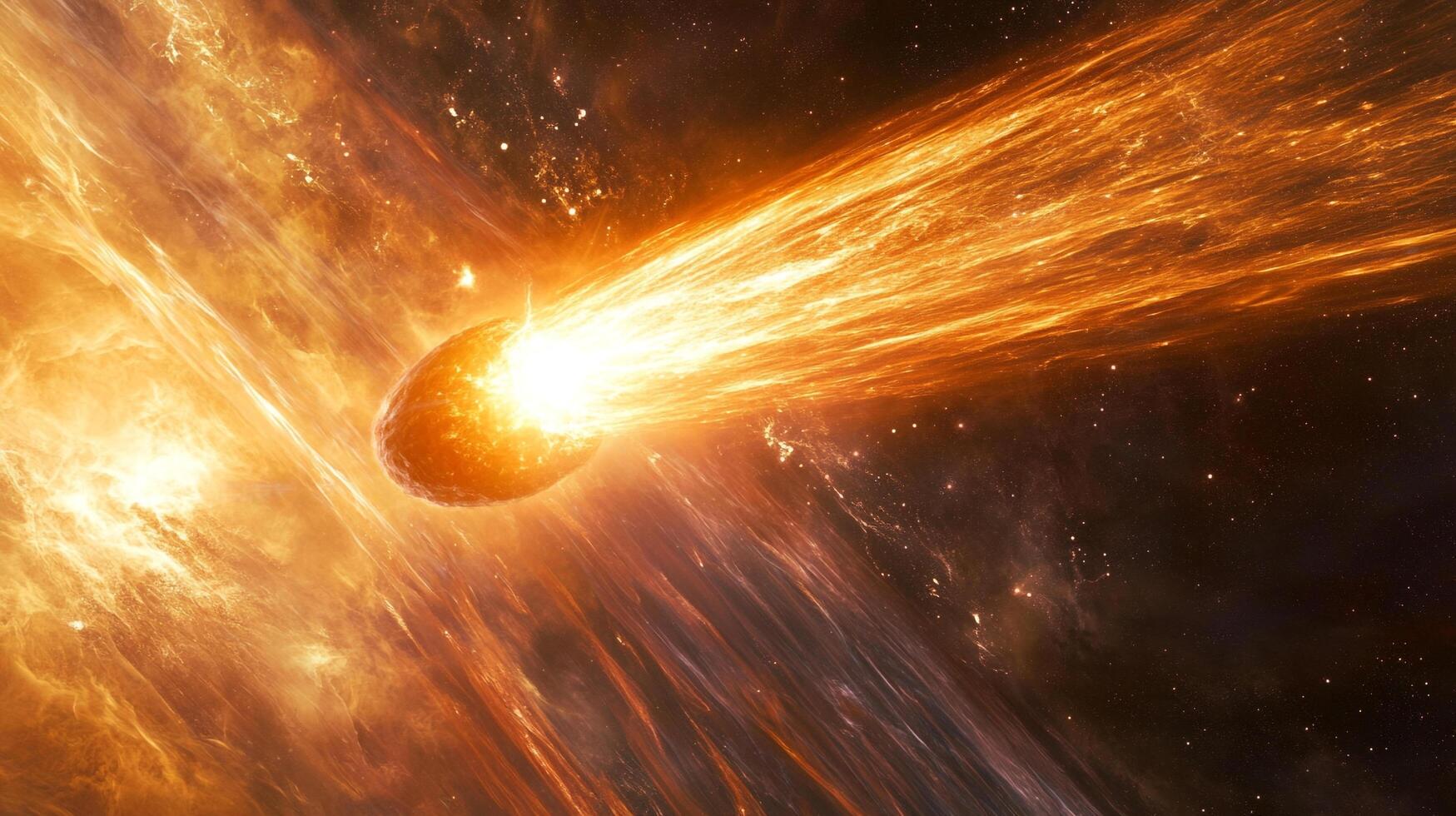 Fiery comet hurtles through the cosmos, blazing a trail of light and cosmic dust in the vast expanse of space. Celestial spectacle. photo