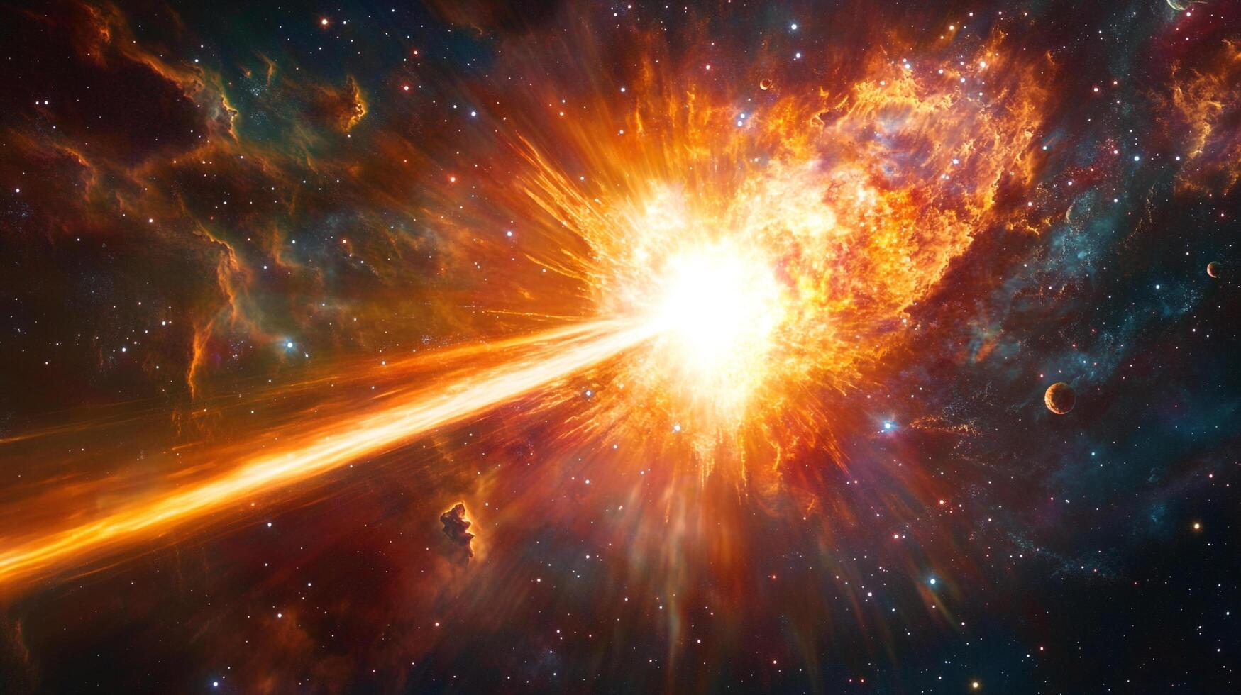 A vibrant cosmic explosion illuminates the dark expanse of space, creating a stunning display of energy and celestial phenomena. photo