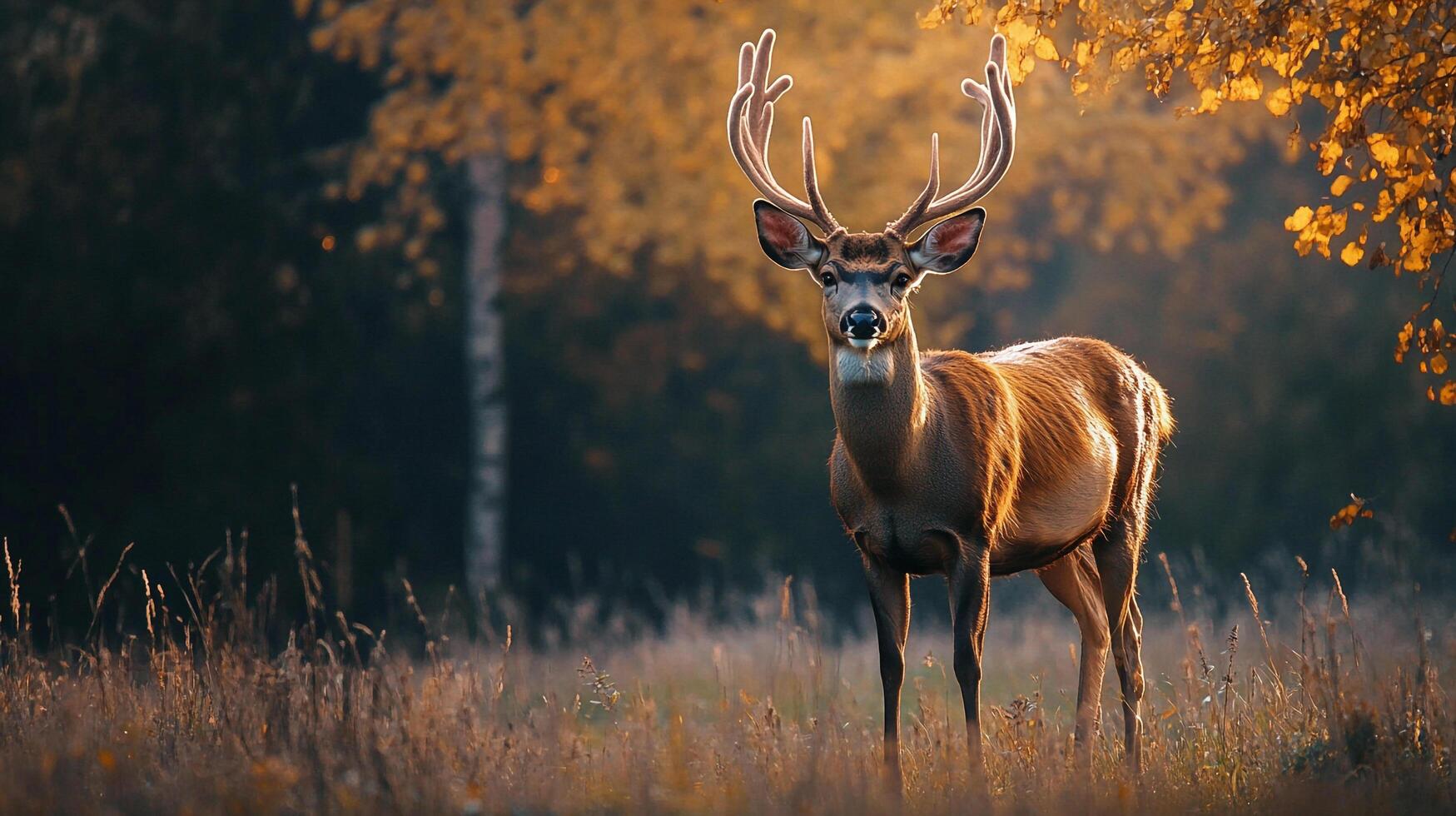 Stag in autumn field with antlers stands tall, backlit by golden light, creating a picturesque nature scene. Serene animal kingdom. photo