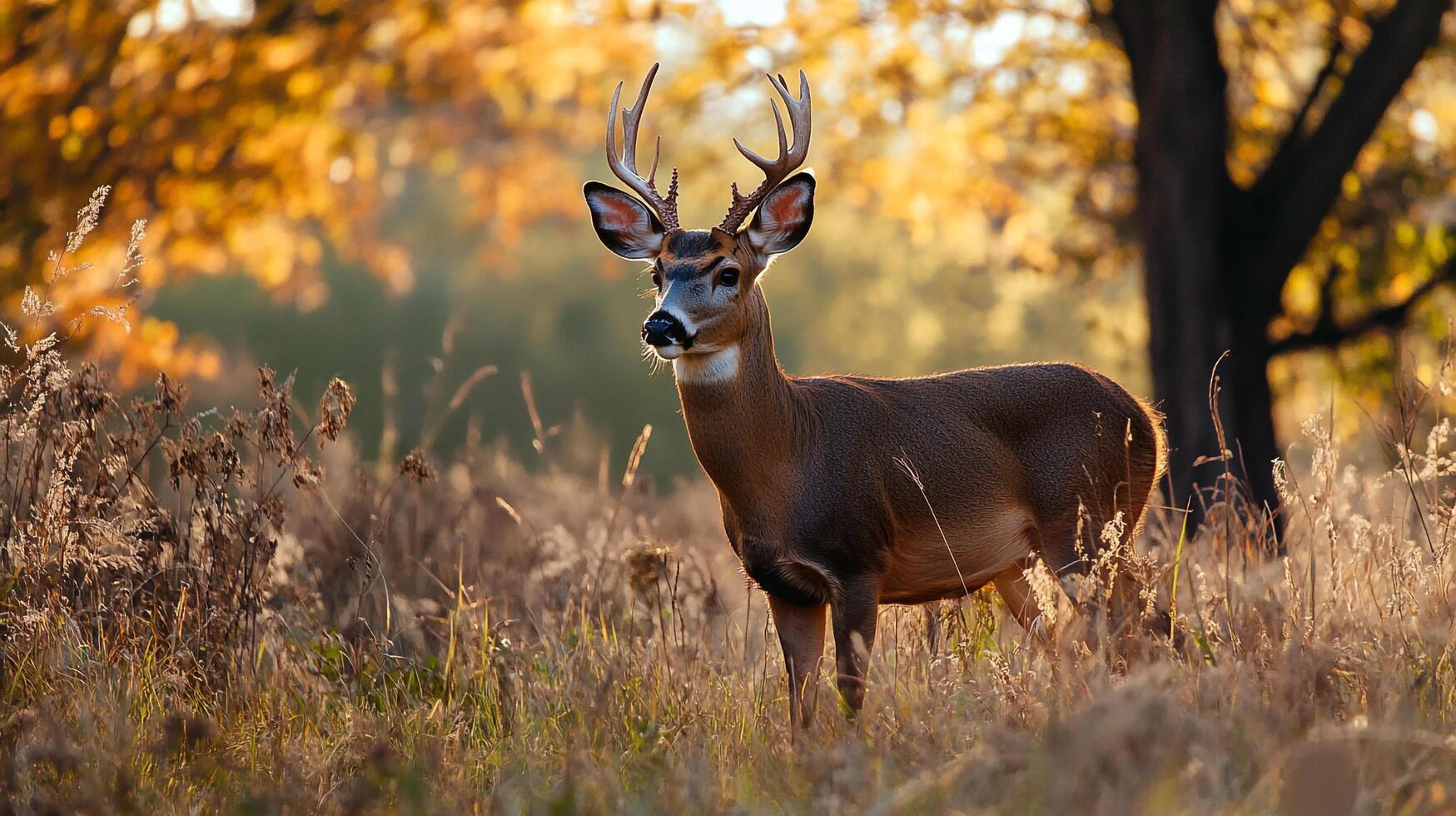 Majestic deer in a golden field, antlers reaching towards a warm autumn sky. Wildlife amidst the tall grass. Serene fall scene. photo