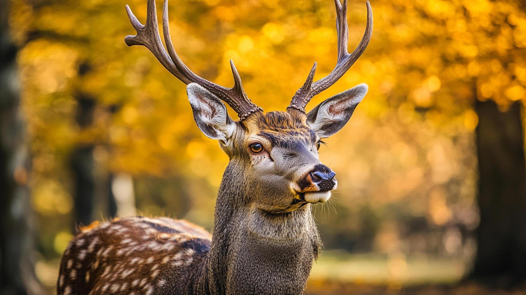 Spotted deer portrait with majestic antlers standing in an autumn forest illuminated by warm golden sunlight looking majestic and natural. photo