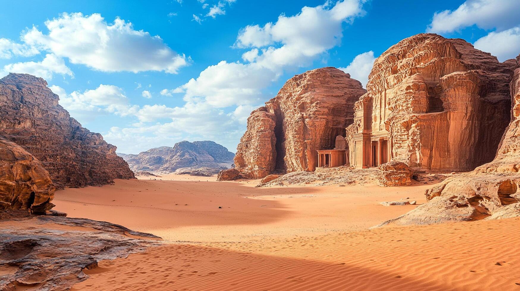 Dramatic desert landscape with sandstone mountains under a clear, blue sky dotted with fluffy clouds, creating a sense of adventure. photo