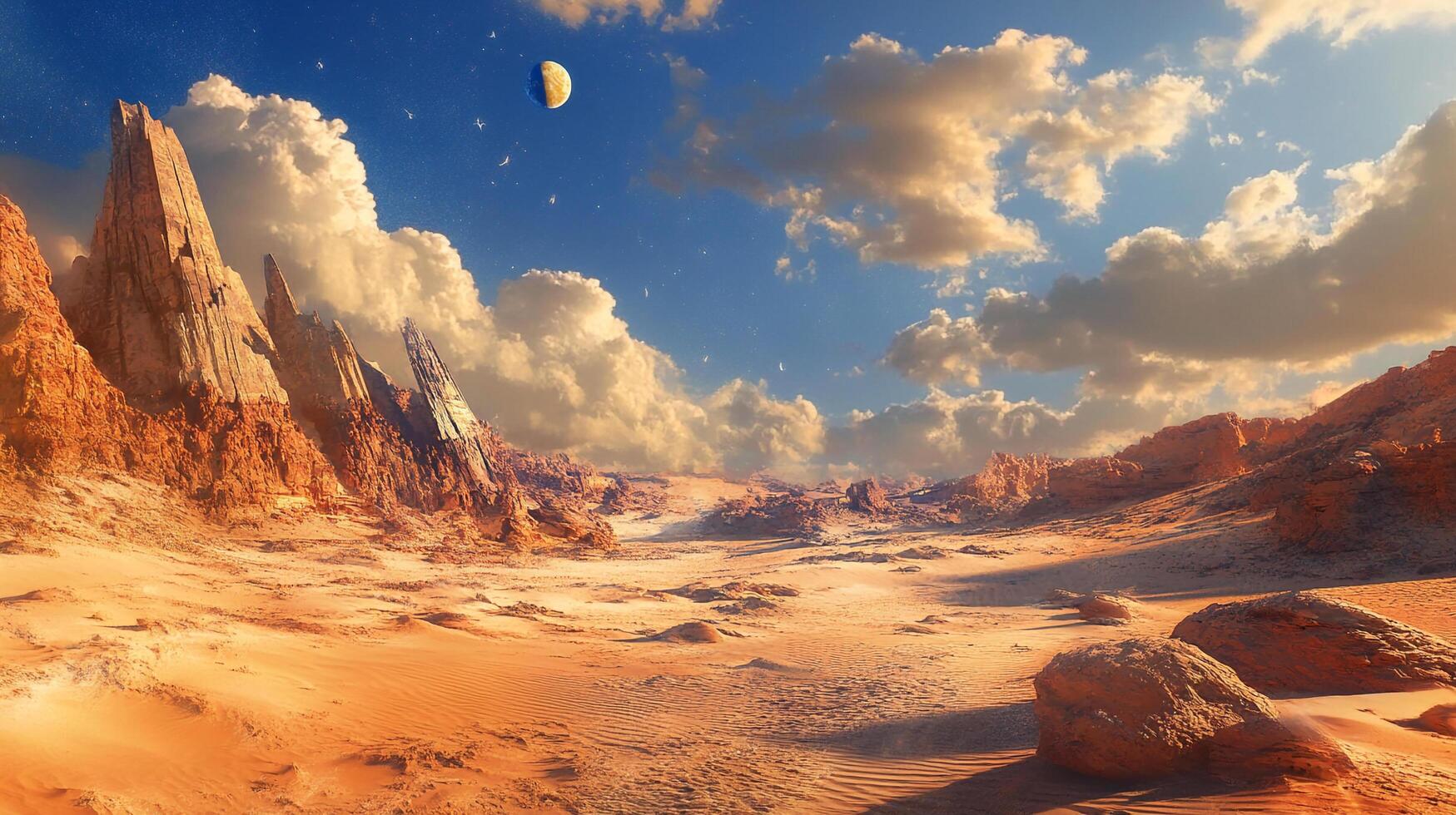 Barren landscape under a serene sky, tall rock formations casting shadows, with a distant celestial body overseeing the tranquil scene. photo