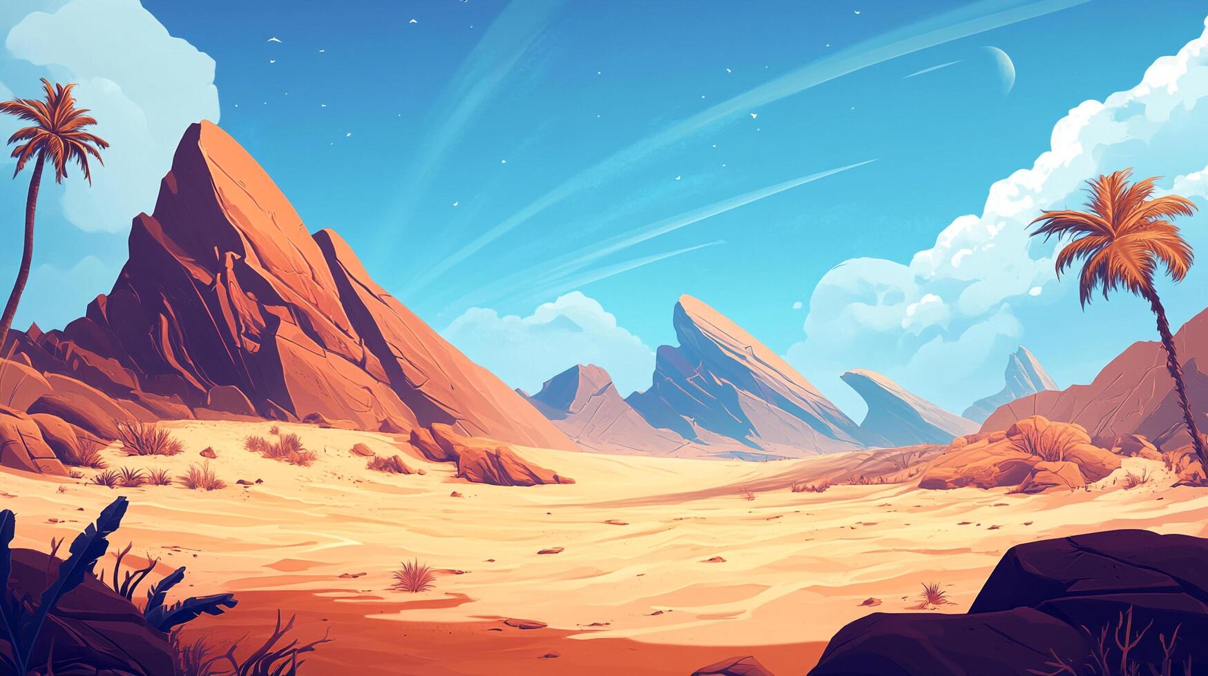 Stylized desert landscape featuring rock formations, palm trees, and a clear blue sky, capturing the serenity of a remote oasis. photo