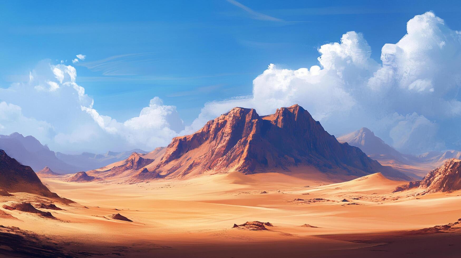 Expansive desert landscape with rugged mountains under a bright, cloudy sky. A sense of awe and isolation in this vast, arid terrain. photo