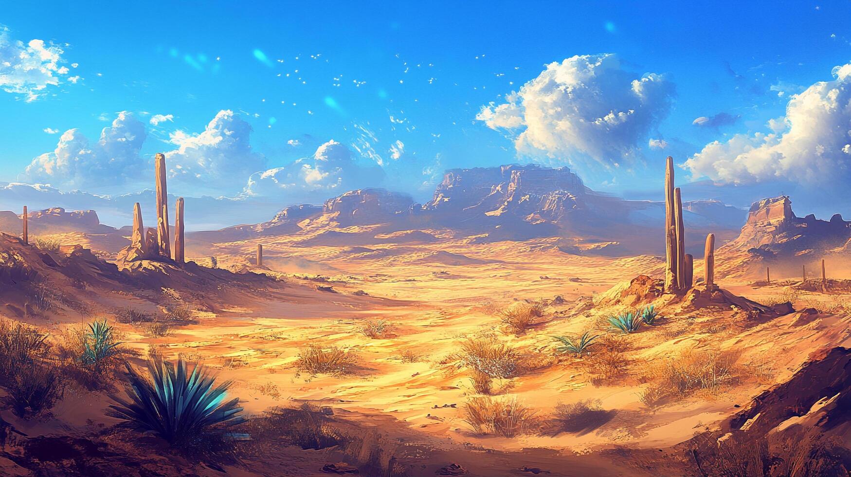 Serene desert landscape under a clear sky, featuring cacti and distant mountains, creating a peaceful, otherworldly atmosphere. photo