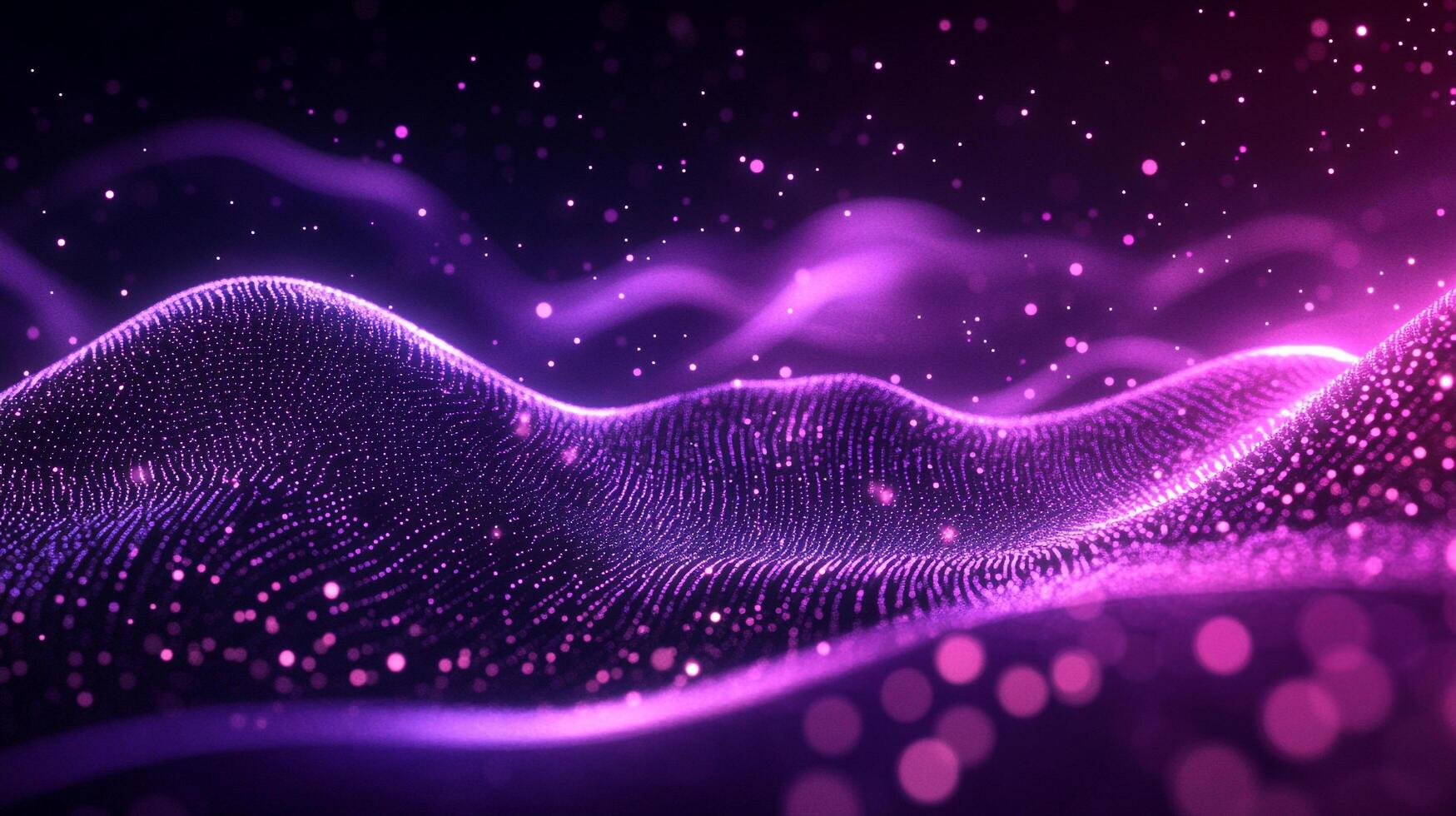 A digital landscape of vibrant purple light, like cosmic waves or a stylized topographic map illuminated with shining particles. photo
