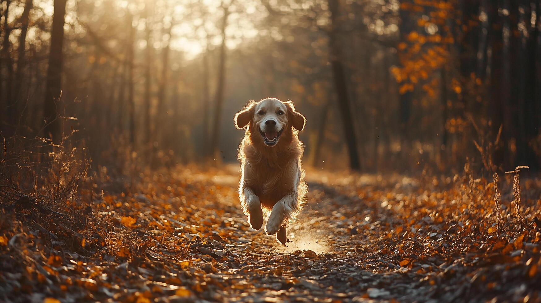 Golden retriever joyfully running through an autumn forest, sun streaming through the trees, creating a magical, warm atmosphere. photo