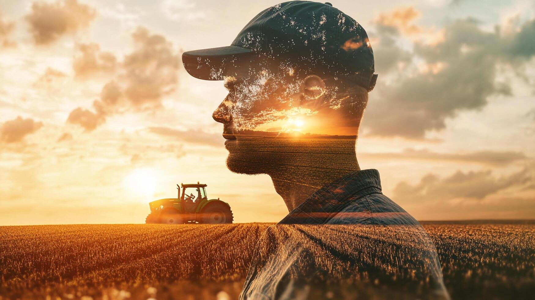 Portrait of a thoughtful farmer in cap at sunset, superimposed on a field with tractor at sunset, symbol of a new generation farmer photo
