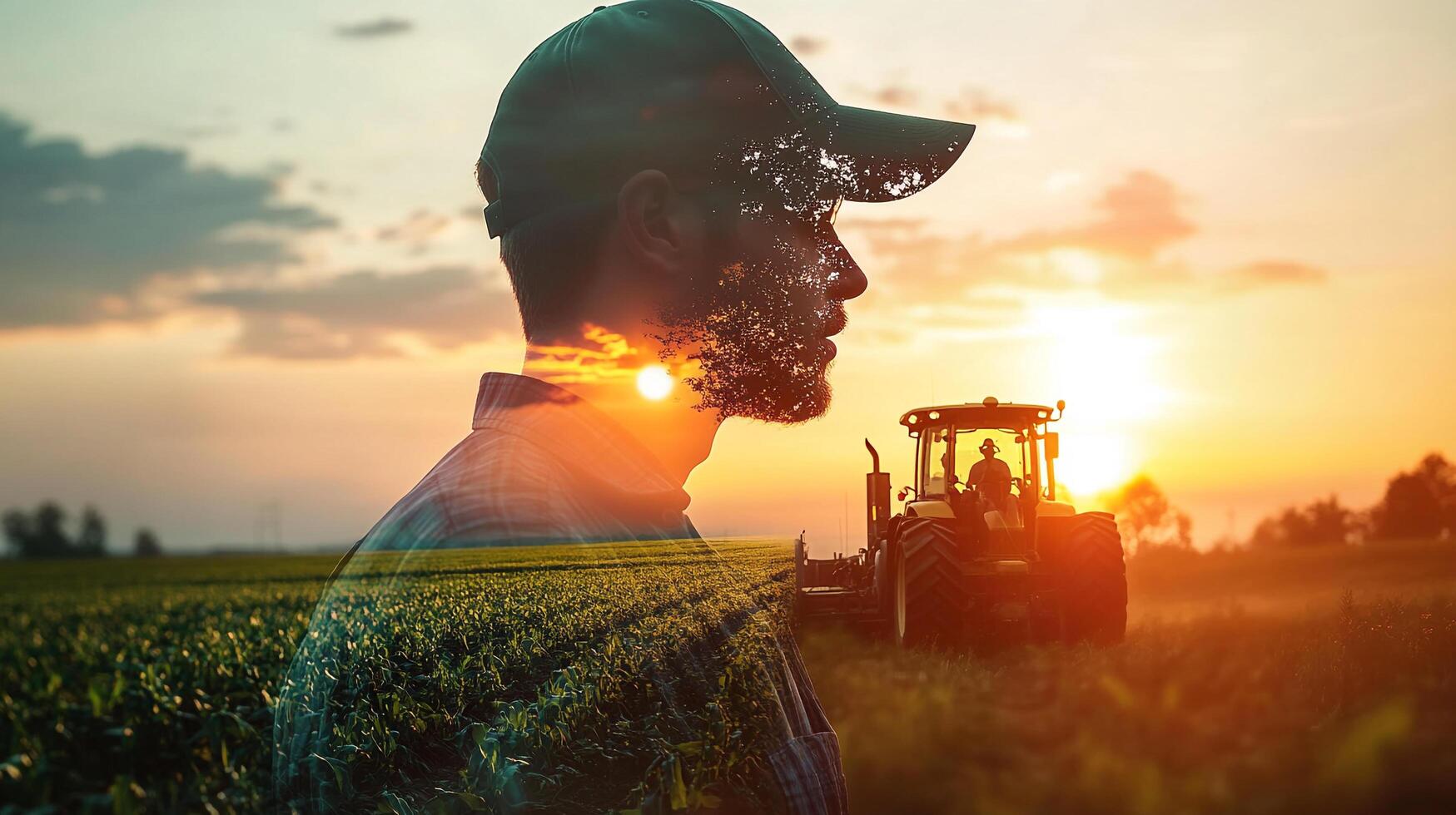 Farmer portrait with fields and tractor at sunset, a blend of nature and agriculture, celebrating the hard work and landscape. photo