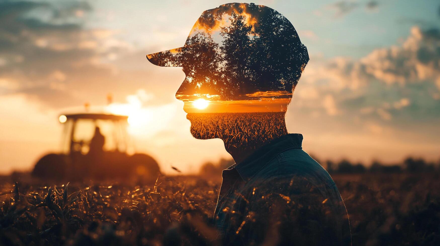 Silhouette of farmer with a sunset over a field in his mind, a tractor in the background, conceptual agricultural success. photo