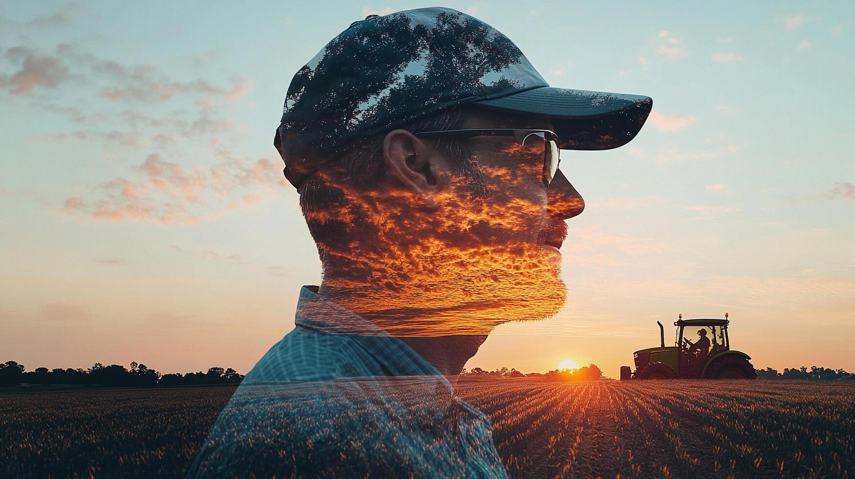 A farmer's silhouette merges with a vibrant sunset over a field. A tractor works in the distance, symbolizing labor and nature's beauty. photo