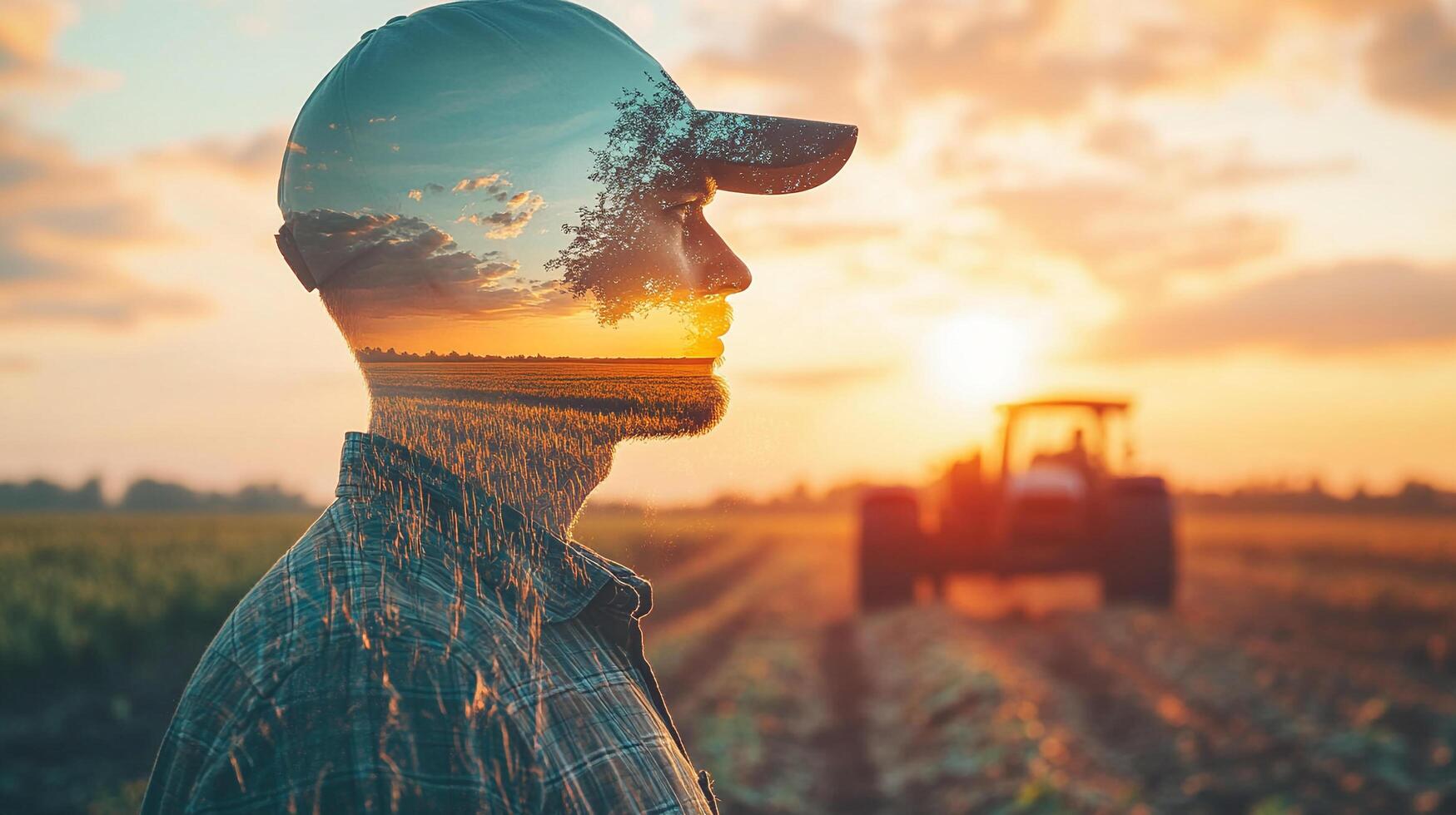 A farmer's silhouette merges with an image of his farm at sunset, symbolizing connection to nature and a hard day's work. photo