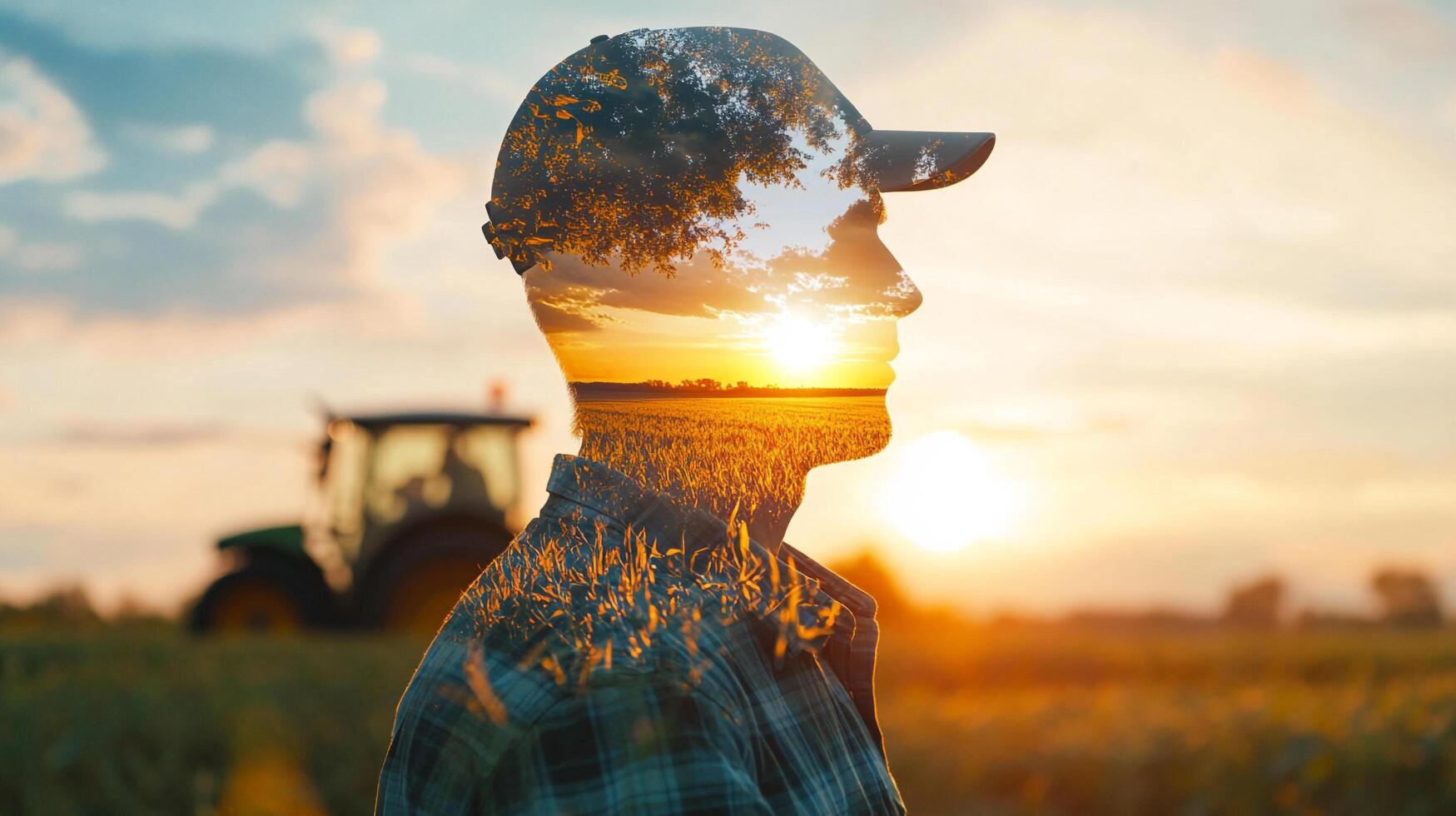 The image shows a field worker, with a sunrise overlaid, representing nature, agriculture, and the promise of a new day. photo