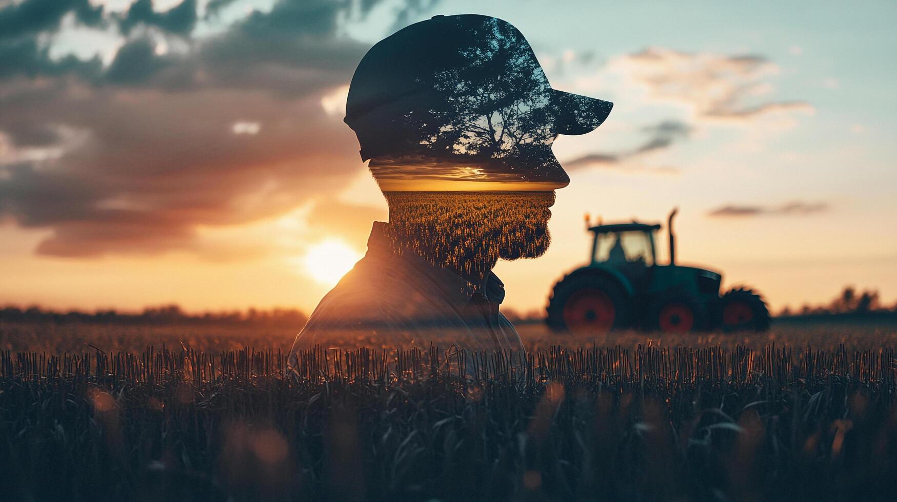 Contemplative farmer at sunset, field merges with his silhouette, tractor stands ready, symbolizing agriculture's connection to nature. photo
