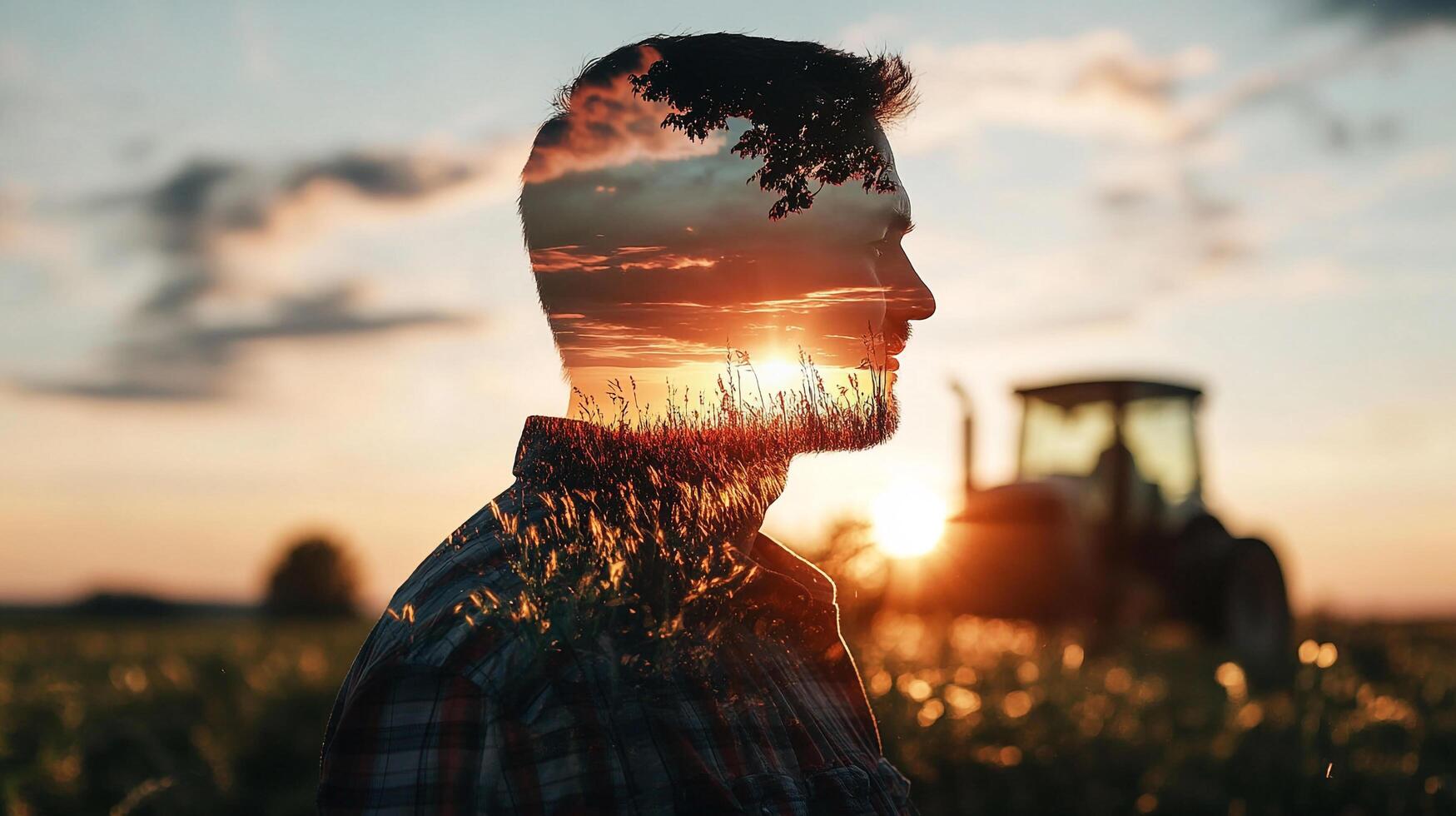 Double exposure portrait of a farmer in a golden field at sunset. The silhouette contains a farm landscape with a tractor. photo