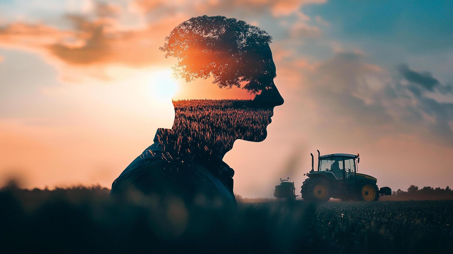 Contemplative farmer silhouette with field overlay, embodying agricultural roots and future visions against a tranquil sunset backdrop. photo