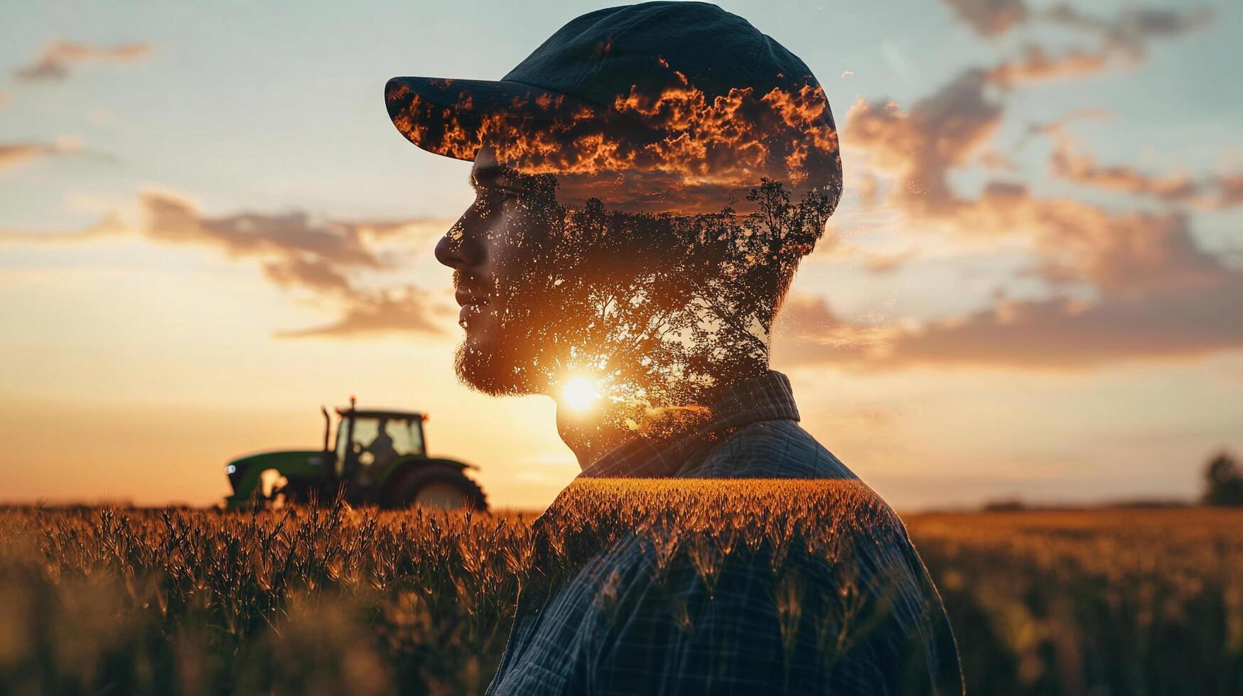 Farmer's dream at sunset in a wheat field. His face shows nature's beauty like a double exposure, tractor in background. photo