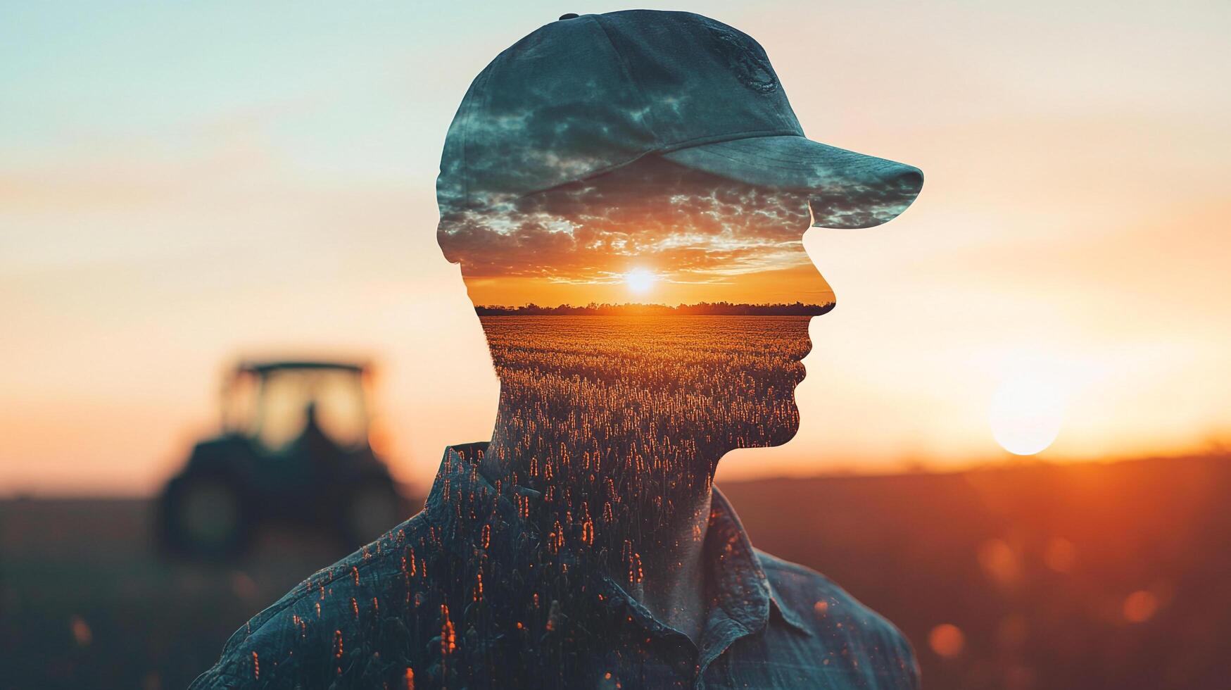 A silhouette of a man, filled with a sunset landscape of a field. The man wears a cap, and a tractor is visible in the background. photo