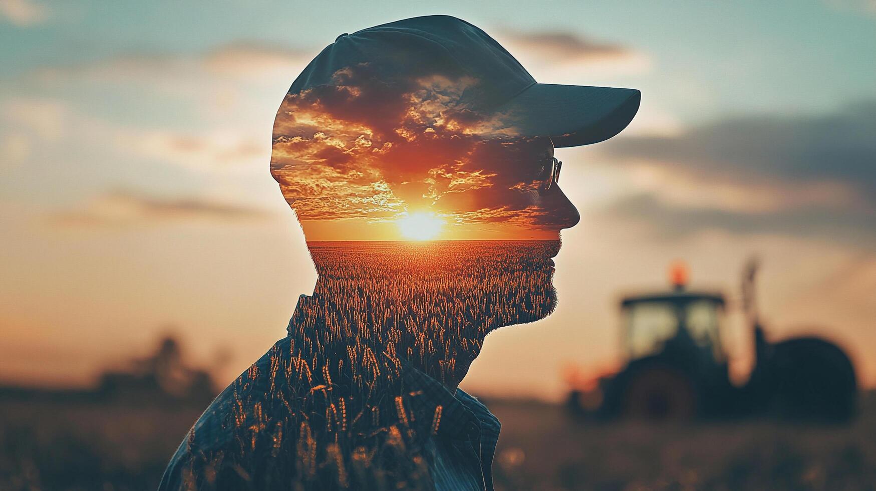 Contemplative farmer silhouette merged with sunset field landscape, embodying nature's reflection and agricultural heritage. photo