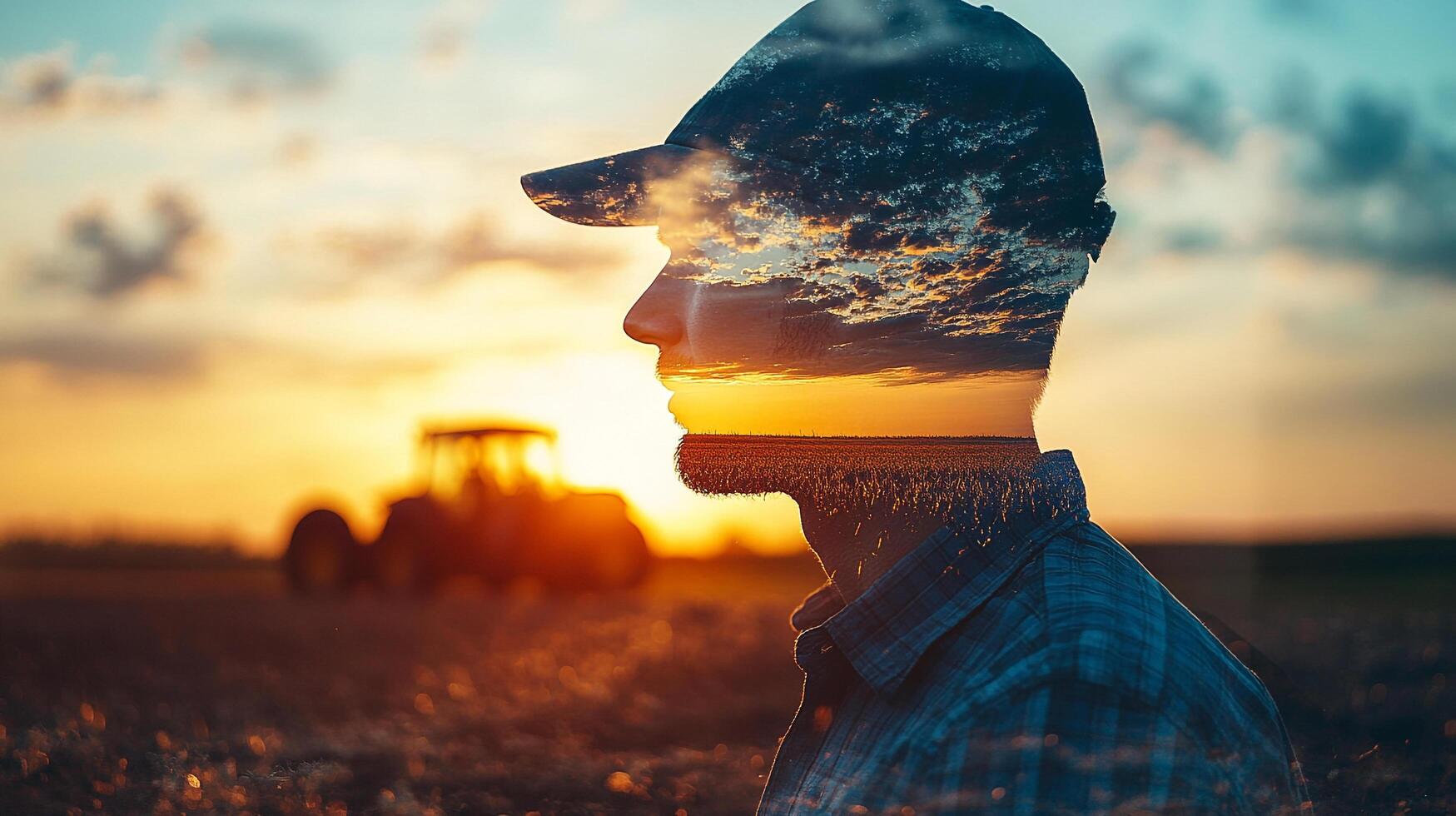 A farmer's silhouette is filled with the imagery of his farm, tractor, and field at sunset, representing his life and work. photo