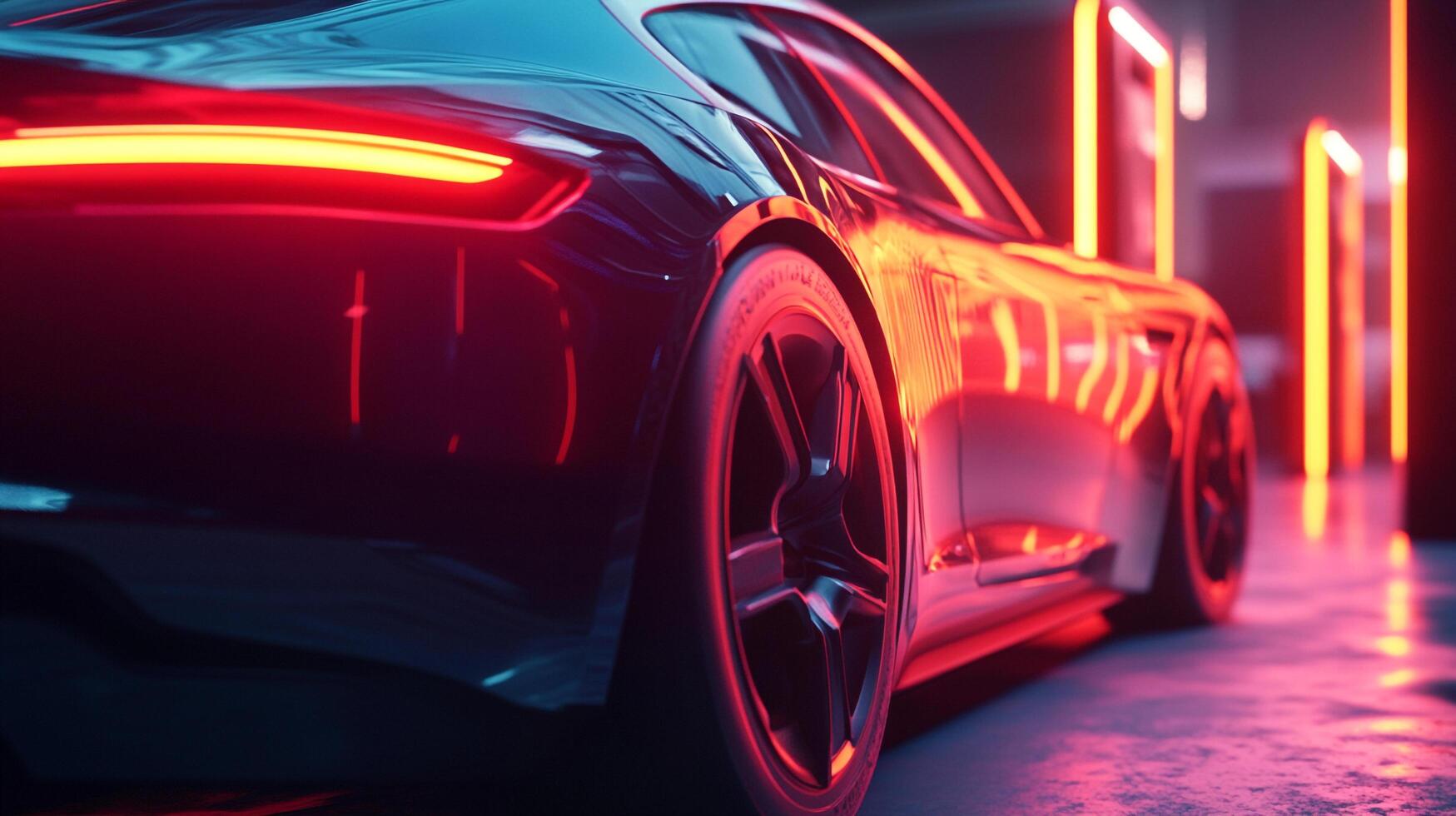 Sleek sports car bathed in neon glow, showcasing modern design, dynamic lines, and a sense of futuristic elegance in a vibrant atmosphere. photo
